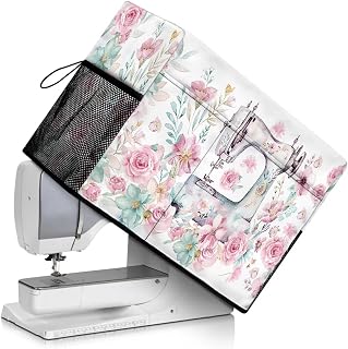 Sewing Flower Sewing Machine Cover with Storage Pockets,Dust & Pet Hair Protection,Fits Standard Singer, Brother and Janome Machines, Protecting & Decorating Your Sewing Space (Pink)