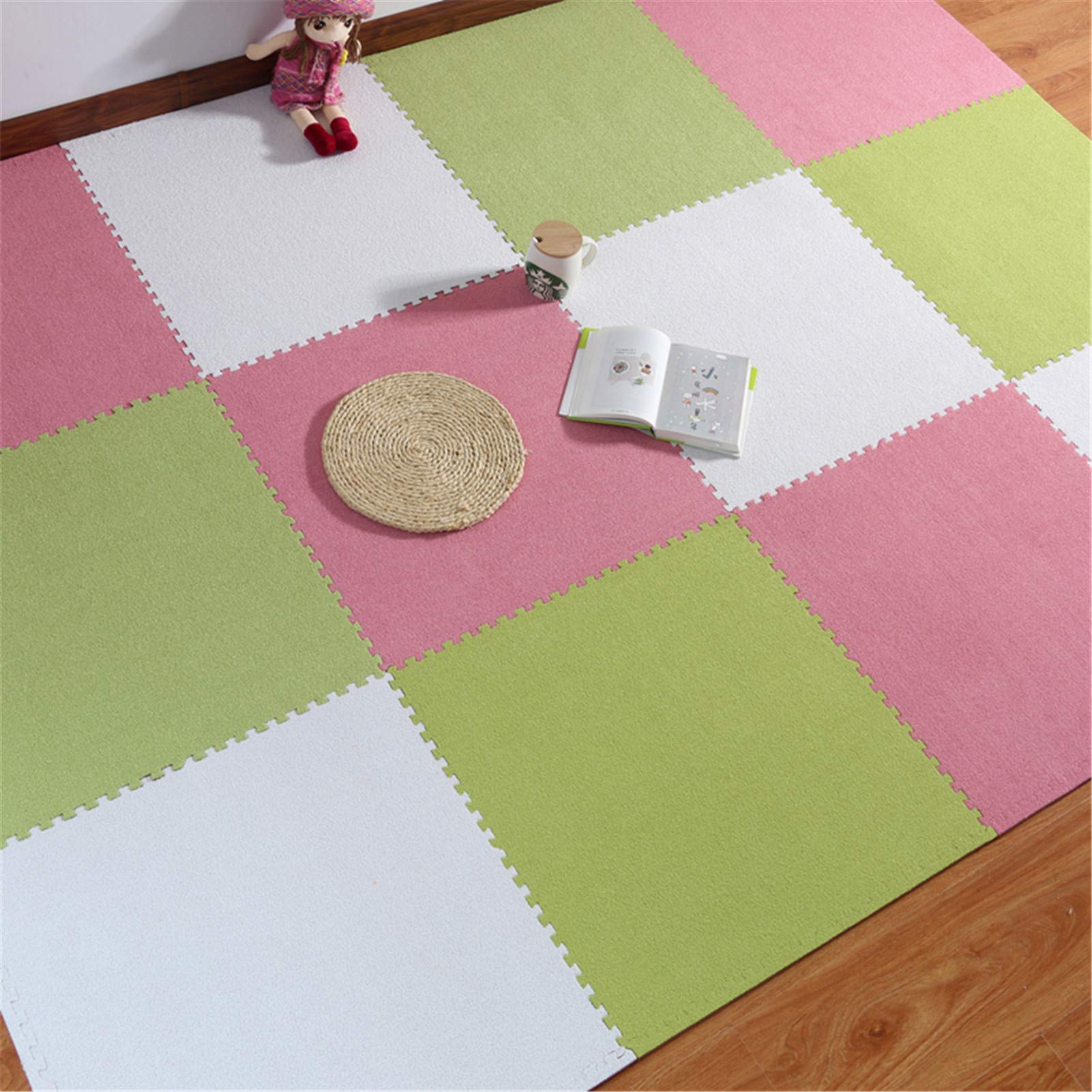 Tappetino Puzzle in Schiuma per Bambini, Grande Tappetino in Peluche Ad Incastro con Bordi, Adatto per Palestra, Area Giochi per Bambini, Esercizio Fisico, Yoga,White+Pink+Green,9