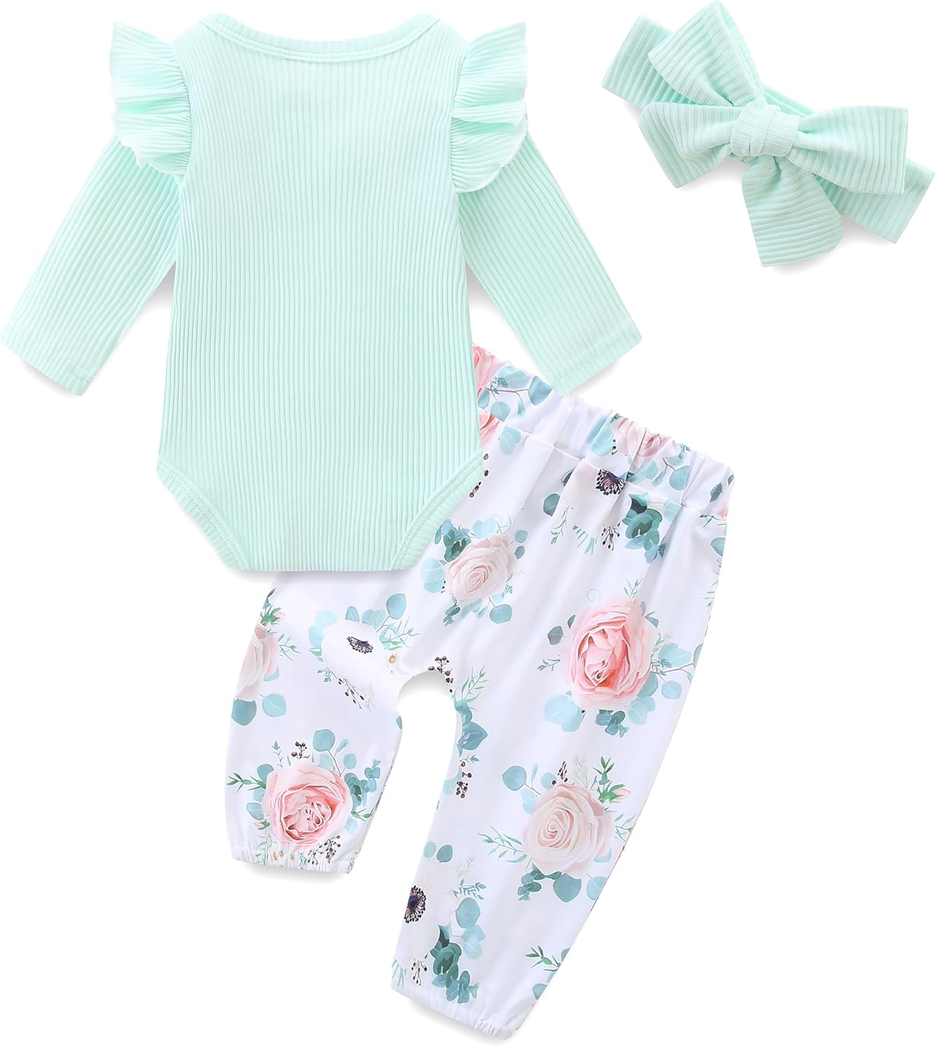 Infant Girl Clothes Long Sleeve Ruffle Bodysuit Floral Pants Bow Headband Sets Fall Winter Spring Outfits - Image 2