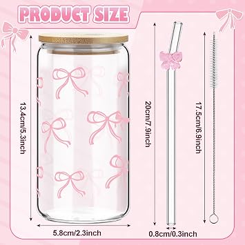 4 Set 16 oz Coquette Bows Glass Cups with Lids and Bows Straws