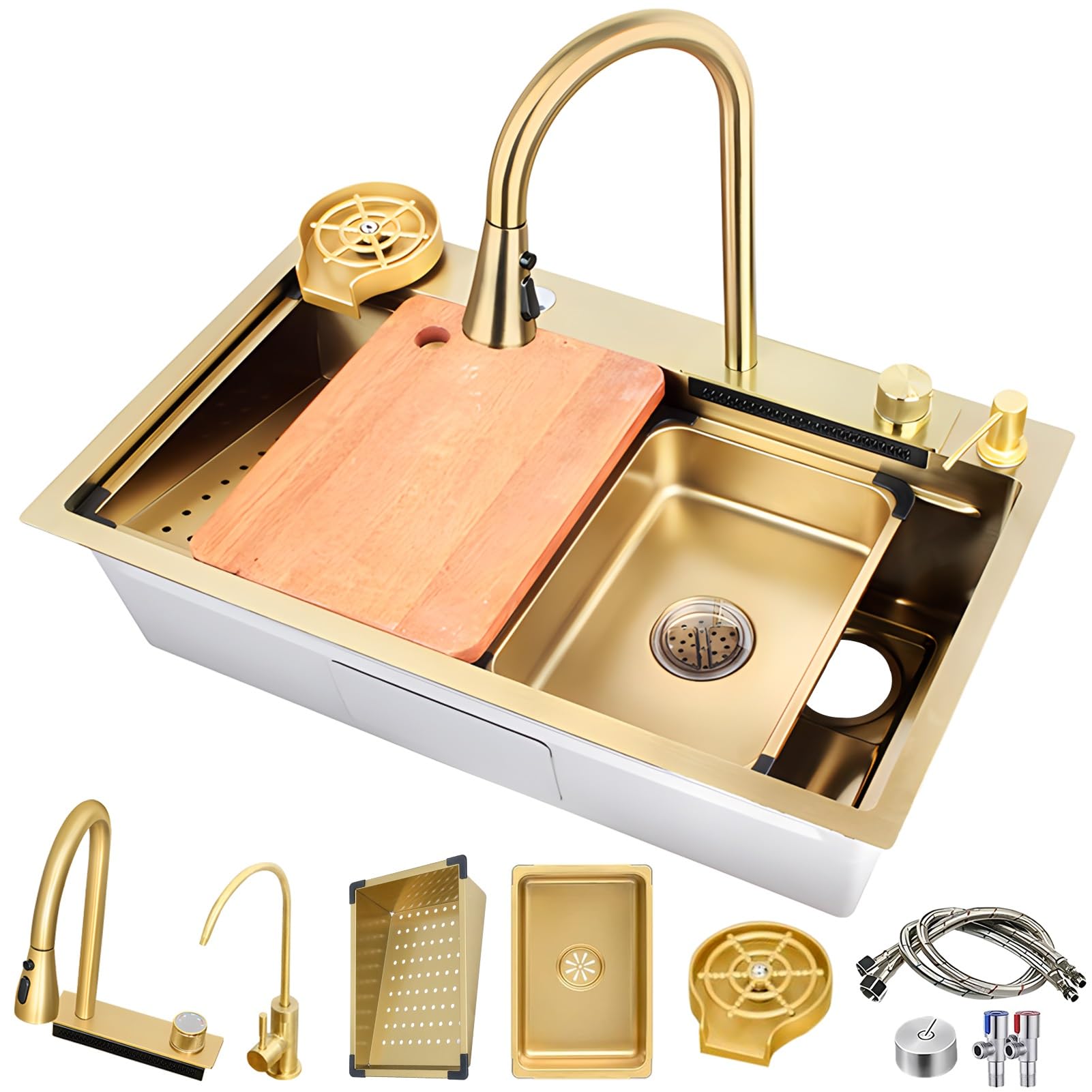 ZQFHSX Gold Kitchen Sink,Stainless Steel Waterfall Sink Single Bowl Home Sink, Vegetable Basin Workstation with Pull-Out Faucet, Cup Washer(68x45x21cm)