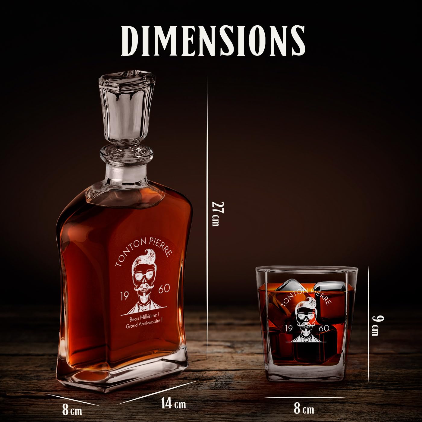 Maverton Ensemble de Carafe en verre Rhum Cognac Avec 6 verre a Whisky Gravés - Cadeau Personnalisé pour lui - Idee Cadeau Homme Anniversaire - 700 ml Service Universel Verre Whisky et Carafe - Oncle