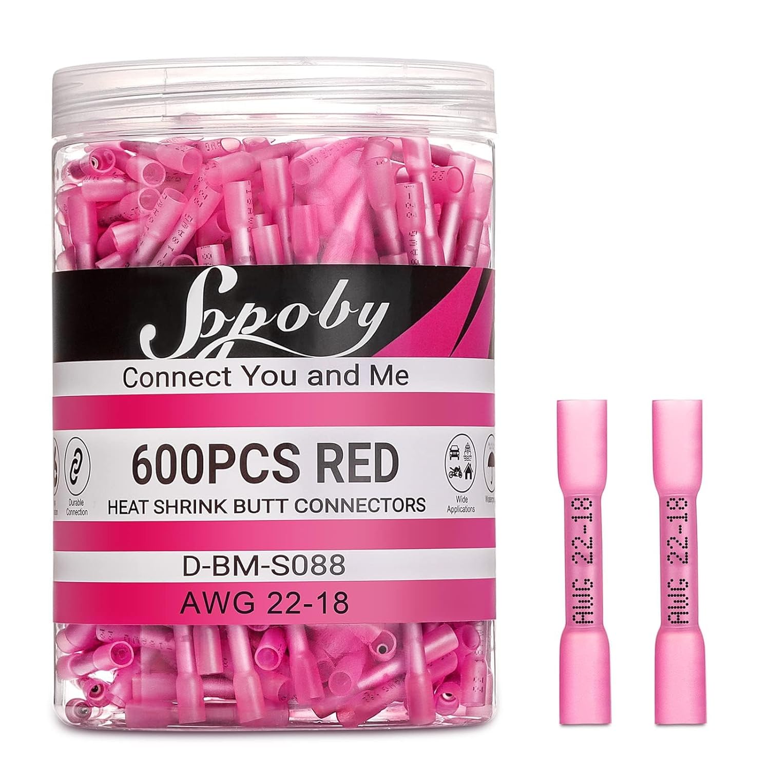 Sopoby 600PCS Heat Shrink Butt Connectors Blue 16-14 AWG-Tinned Red Copper Marine Grade Butt Connectors - Wire Splice Connectors- Waterproof Electrical Connectors for Marine,Boat,Stereo
