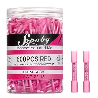 Sopoby 600PCS Heat Shrink Butt Connectors Red 22-18 AWG- Tinned Red Copper Marine Grade Butt Connectors - Wire Splice Connectors- Waterproof Electrical Connectors for Marine,Boat,Stereo