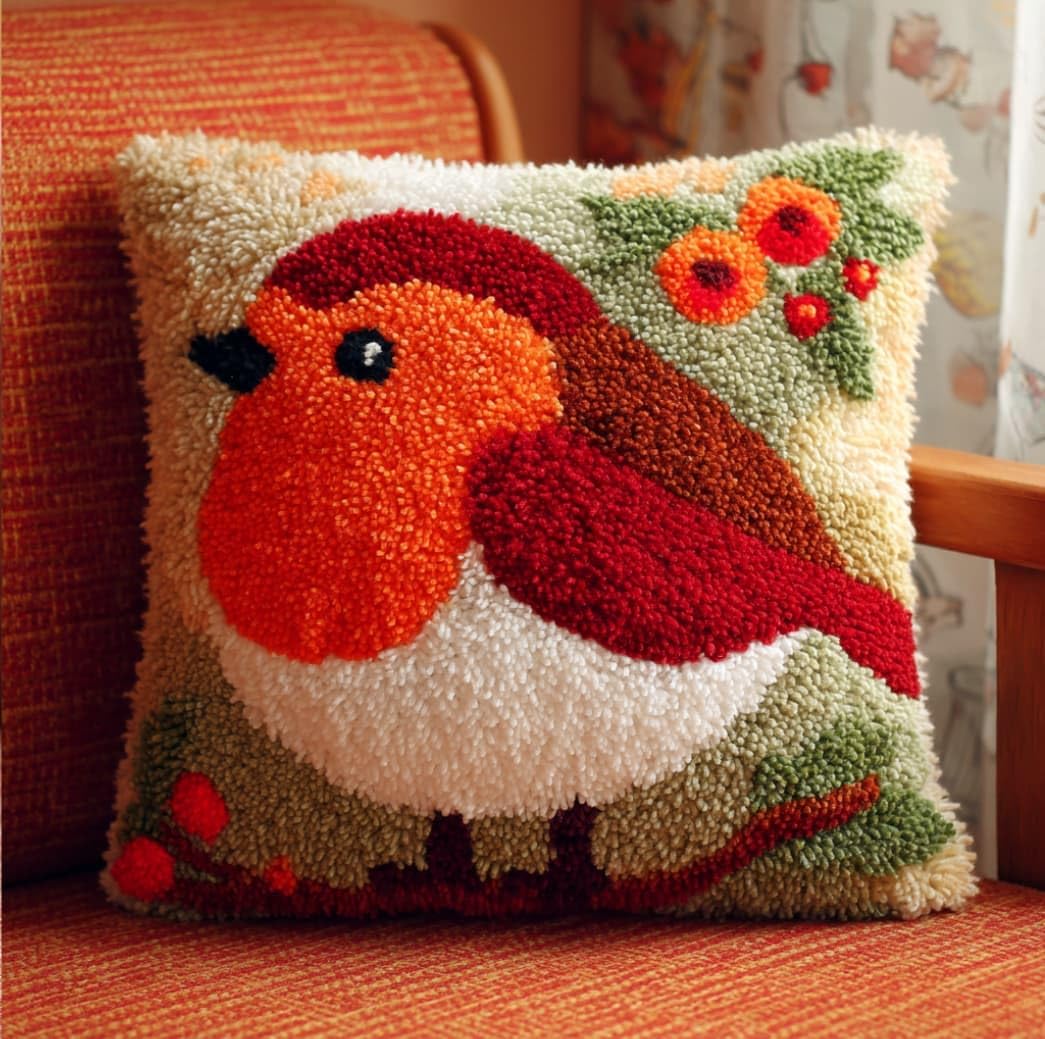 Taxpy Latch Hook Cushion Kits Bird Pillowcase Kits Embroidery Kit 17X17 Inch DIY Needlework Pillow Cover Sofa Cushion Rug Making
