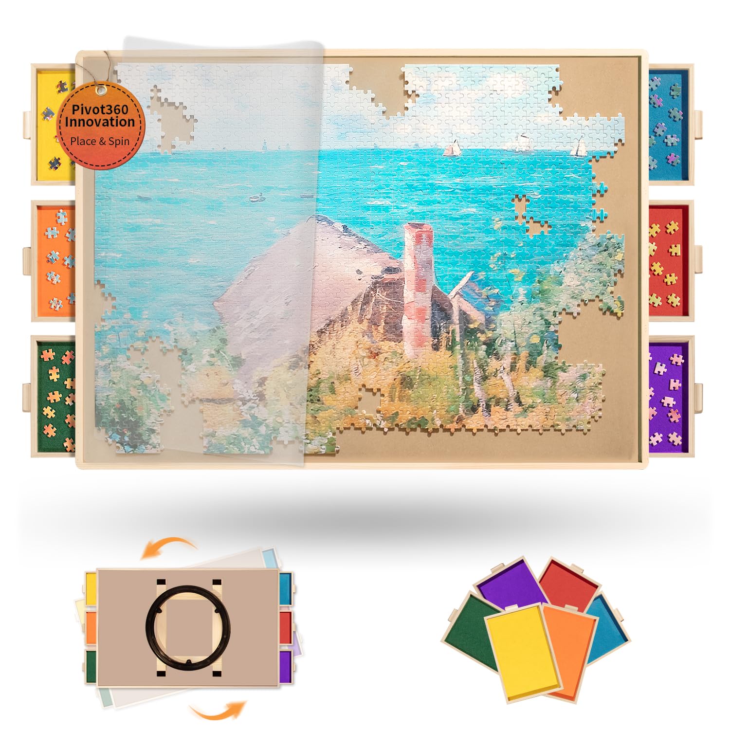 1500 Pieces Puzzle Board Pro 34" x 25", with 6 Drawers & Cover, Sort-Wise Colorful Felt Drawers, Wooden Jigsaw Puzzle Board, Birthday Gifts for Mom - 70% off