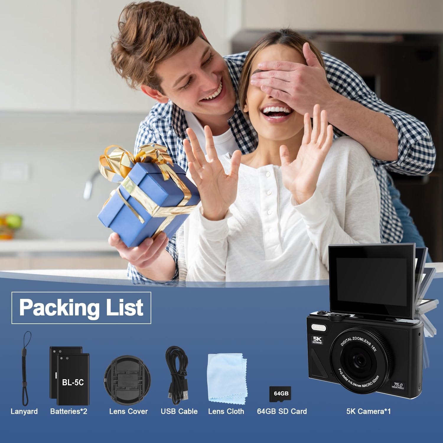 5K Digital Camera,Vlogging Camera 75MP Point and Shoot Digital Cameras with 64GB SD Card, 18X Zoom, Compact Small Camera for Kids Boys Girls Binner | 64GB | 5K 2026 - view 5