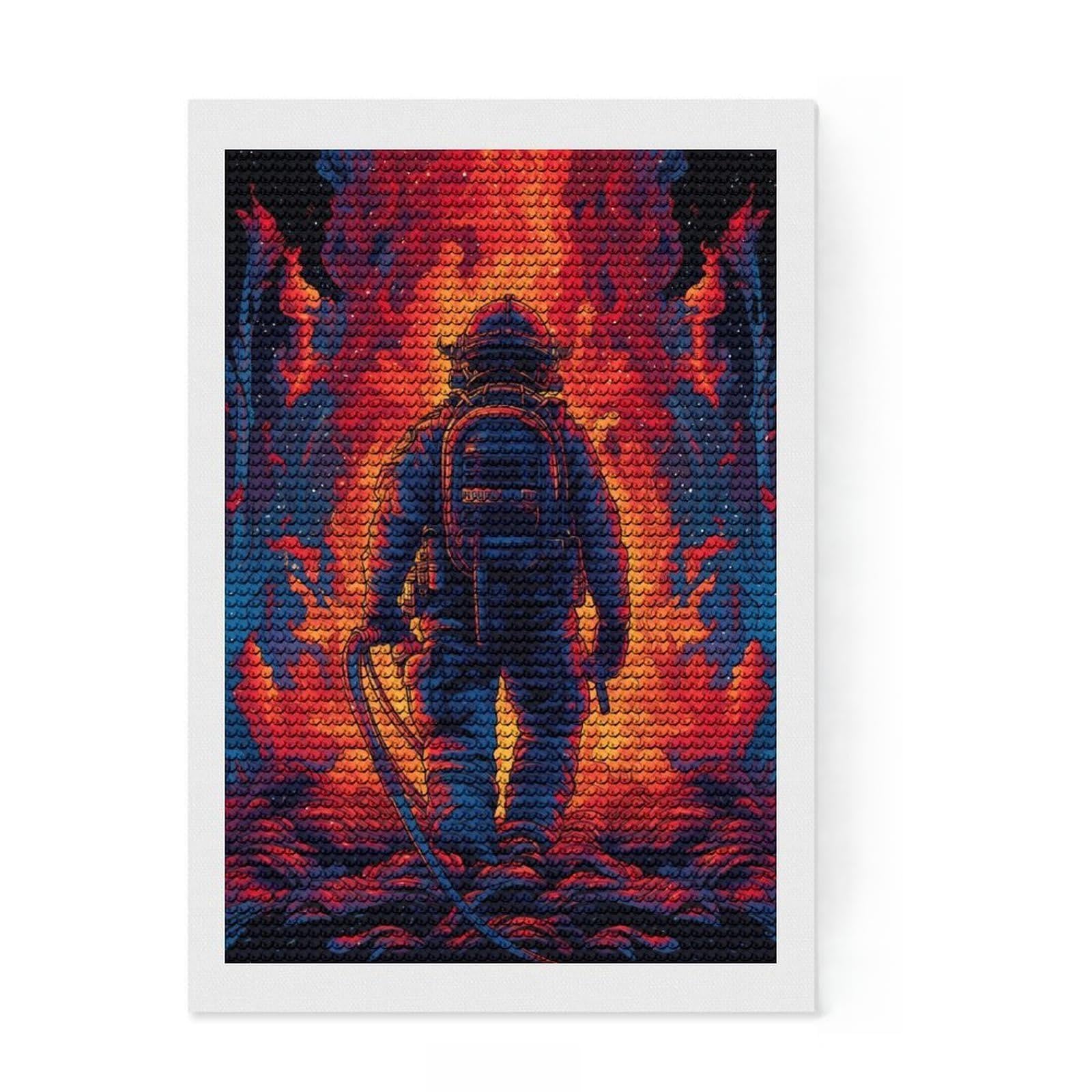 Junmoney Firefighter Flame DIY Diamond Art Canvas Kit 8"x12", Birthday Gift, Vintage Style Decor, for Beginners, Artistic Hobby