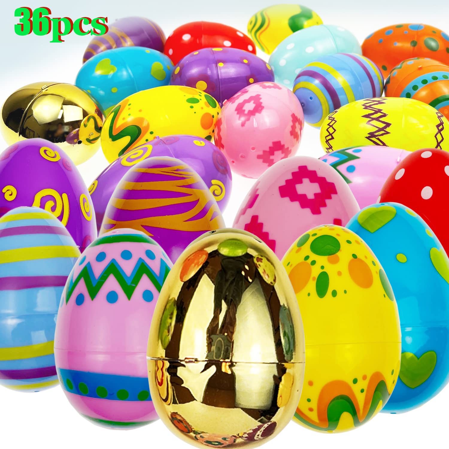 GiftExpress 36 Pcs Jumbo Printed Easter Eggs, Large Golden Hinged Eggs 3” , Church Eggs Hunt, Basket Fillers, Filling Treats for Party Favor, Classroom Office Prize