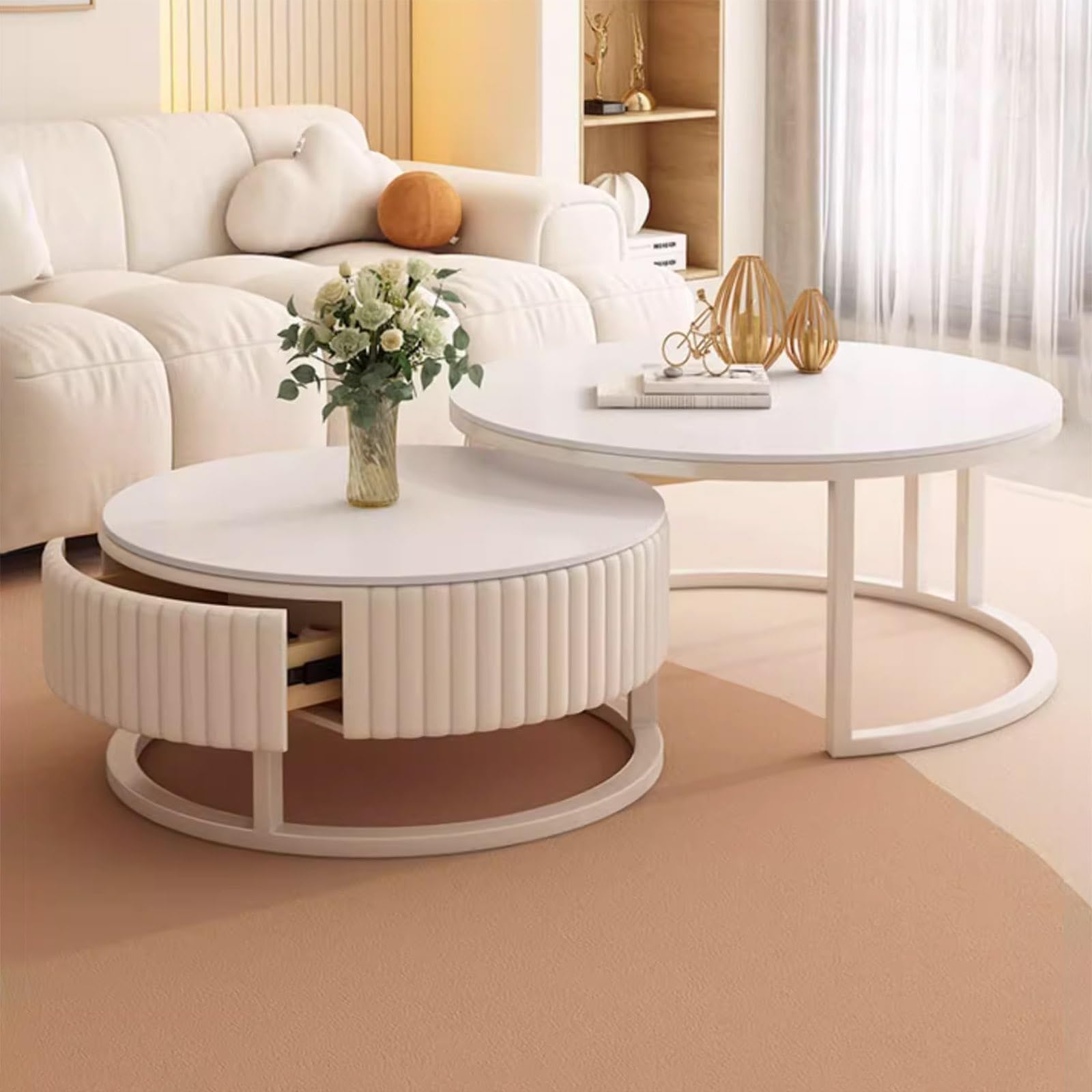 Lot 2 tables basses rondes de salon en marbre blanc avec tiroirs