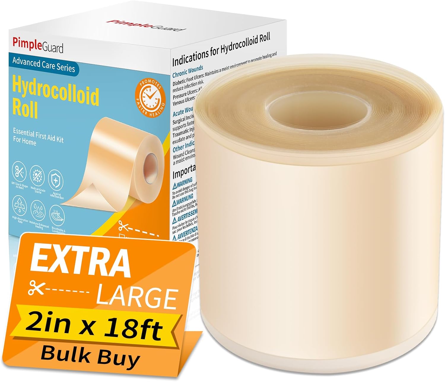 2IN*18FT Hydrocolloid Roll Hydrocolloid Tape Dressing Bandages Patch | Extra Large Medical Grade Wound Care Self-Adhesive for Acne Highly Absorbent Waterproof DIY Size First Aid Kit Home Essential