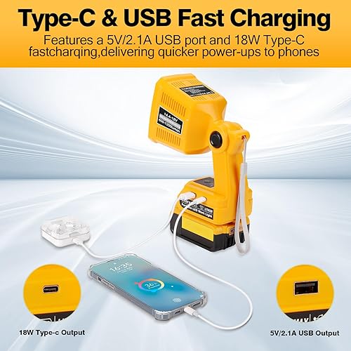 Miniatura 5 de Linterna de luz de trabajo LED compatible con batería DeWalt de 20 V, 18 W 2000 lúmenes, luz portátil con puerto USB de 5 V 2.1 A para campamento,