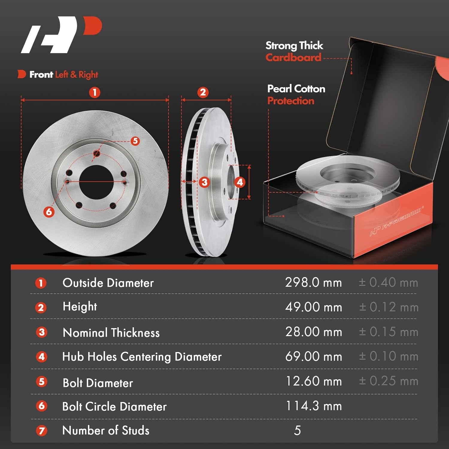 A-Premium 11.73 inch (298mm) Front Vented Disc Brake Rotors + Ceramic Pads Kit Compatible with Hyundai Models - Santa Fe 2007 2008 2009, 6-PC Set