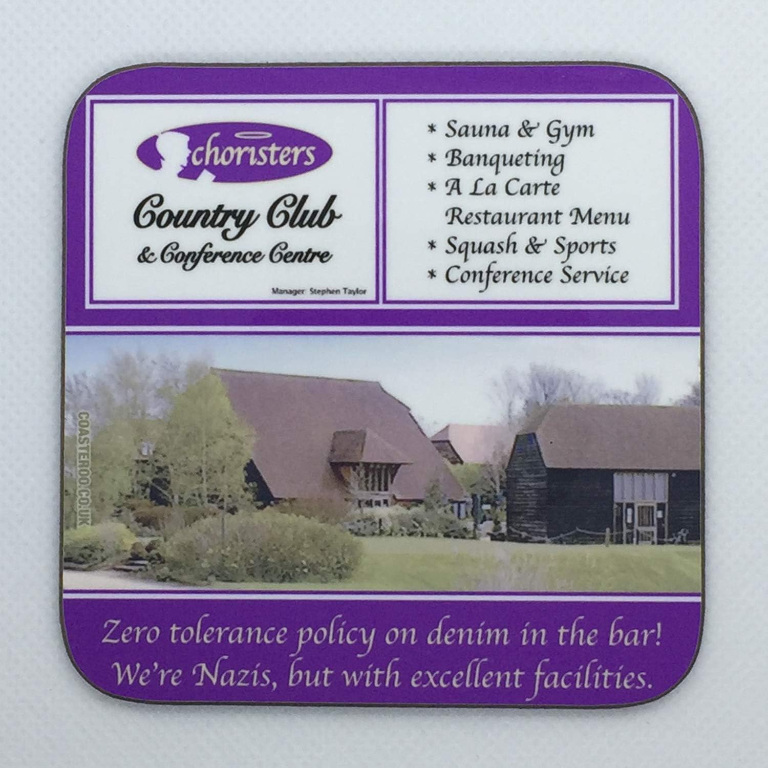 Choristers Country Club - I'm Alan Partridge - Corporate Design - Drinks Coaster - Hardboard - 9cm x 9cm - Gloss Finish