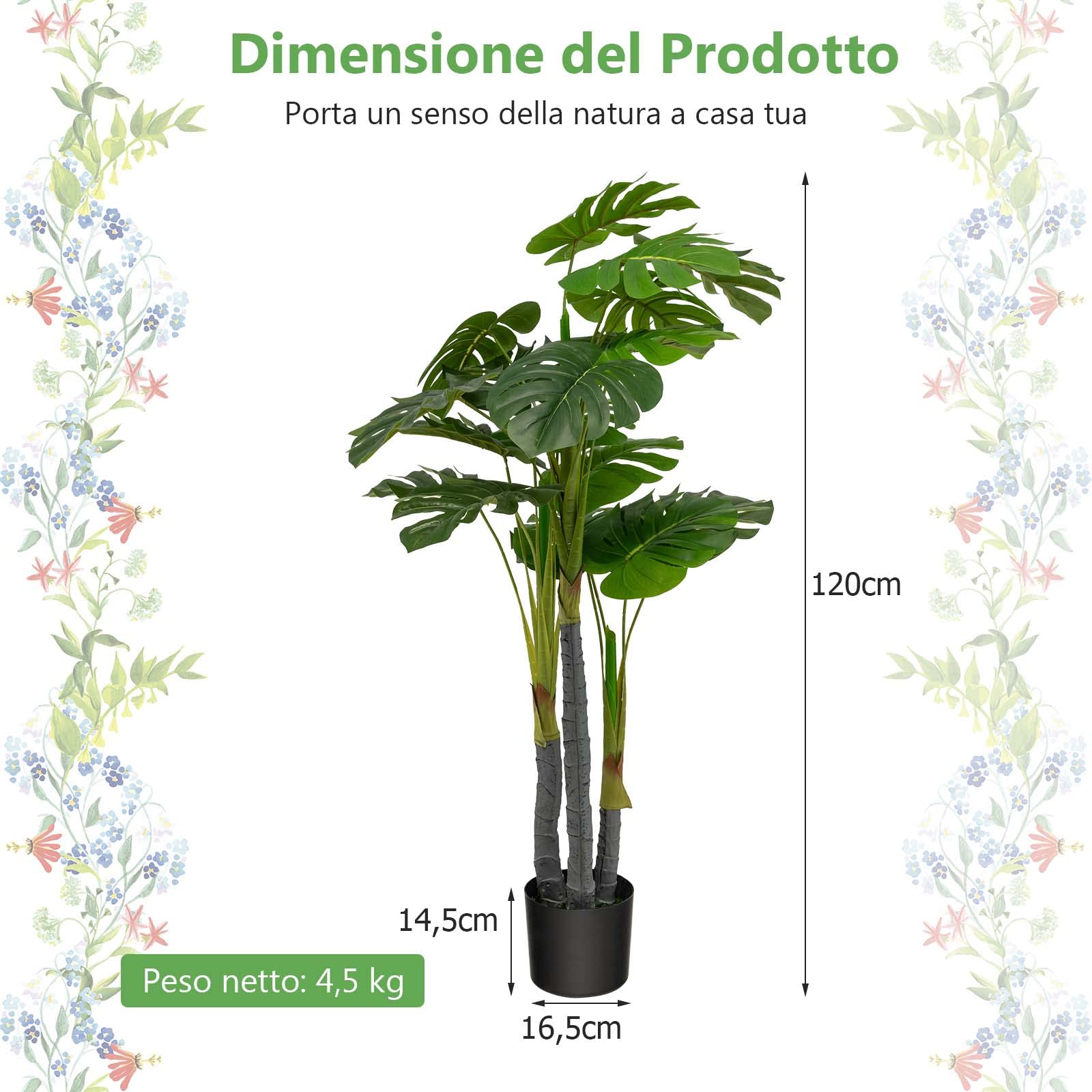 COSTWAY Pianta Finta 120 cm, Albero di Filodendro Artificiale con Foglie in Plastica PE, 3 Rami e 20 Foglie e Supporto in Cemento, Ideale per Casa, Ufficio e Negozio