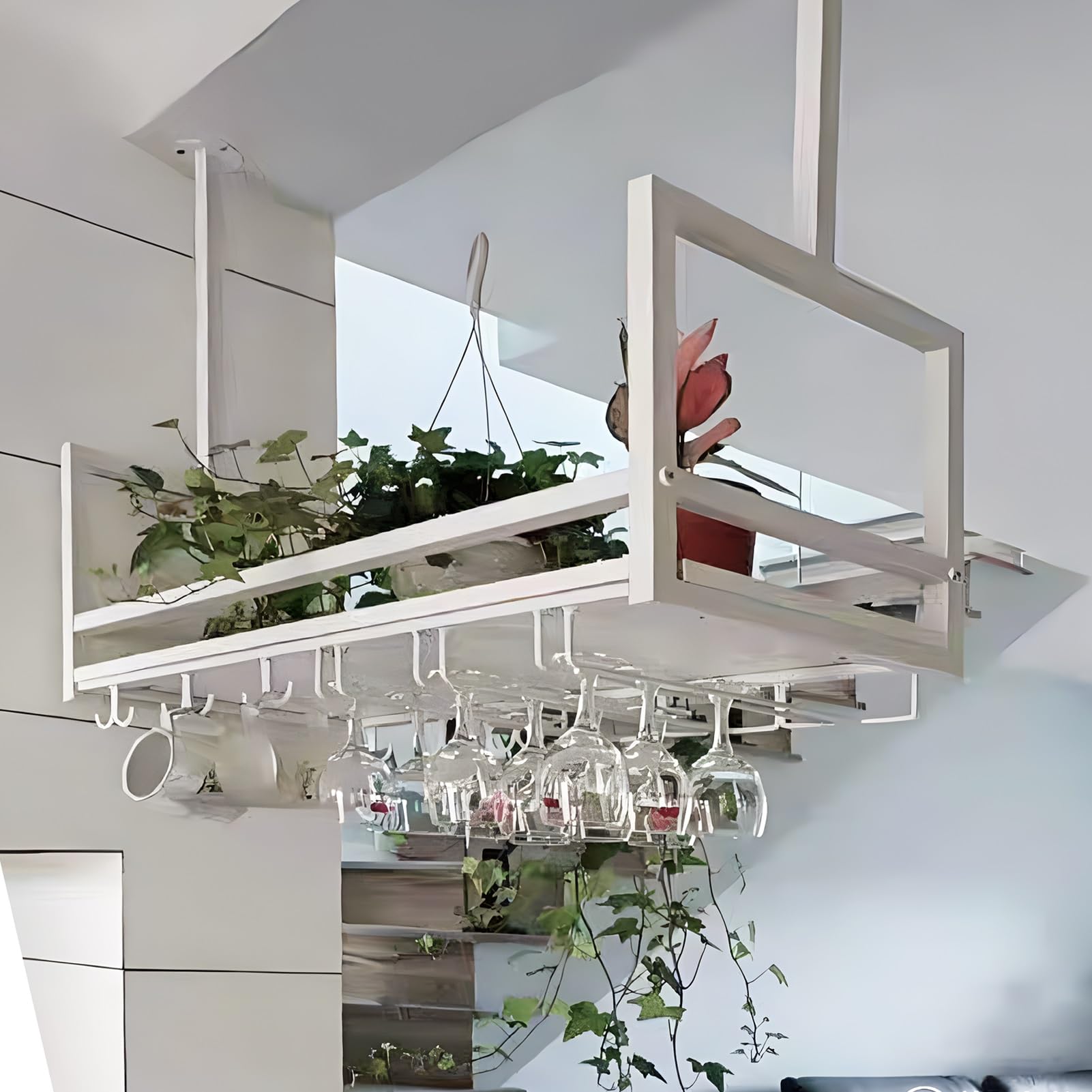 Mensole galleggianti, Mobile Bar sospeso a soffitto con portabottiglie e Supporto per Bicchieri capovolti, espositore Decorativo per Piante e Libri, Ideale per Bar, caffè e Cucina (Dimension