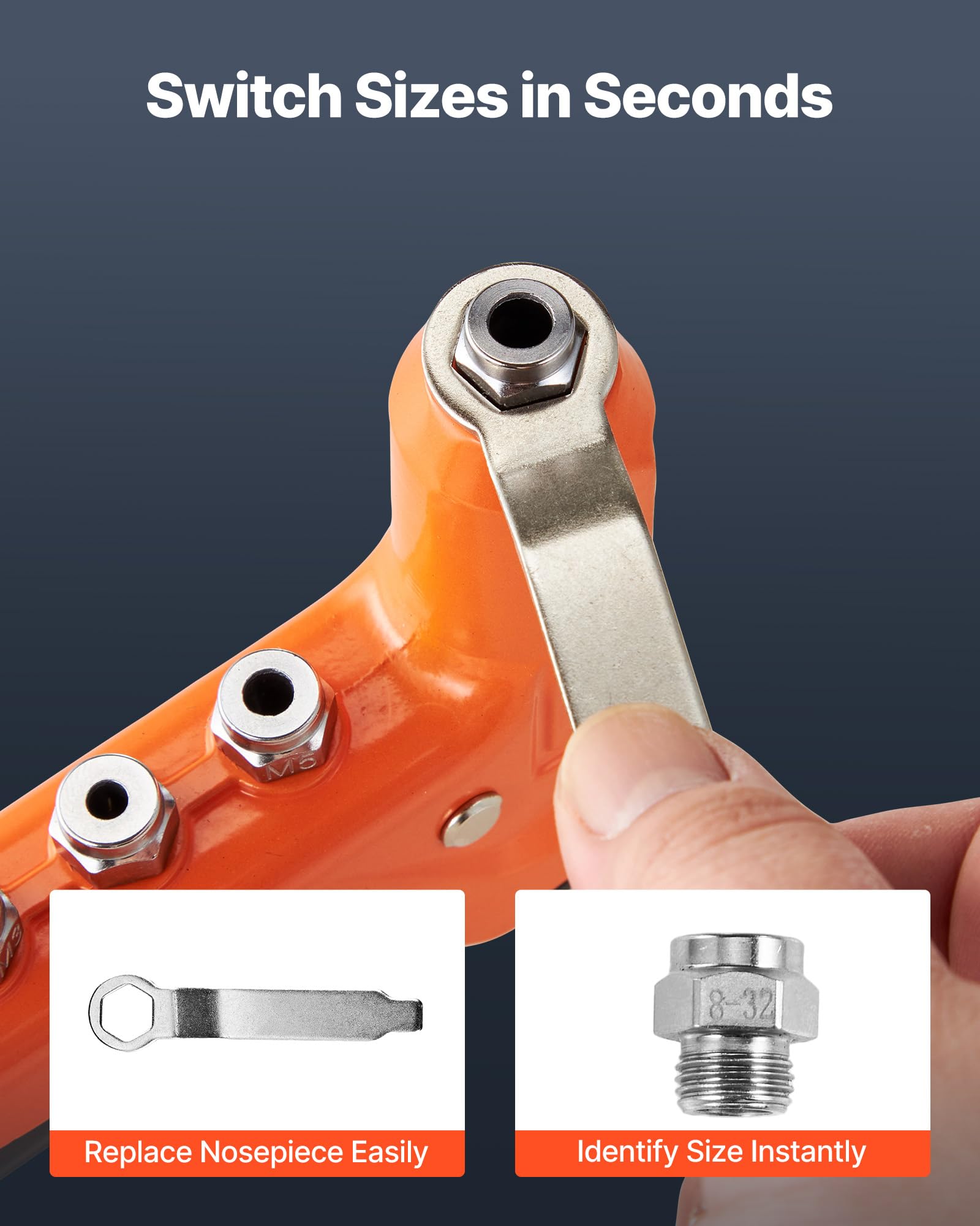 VEVOR Kit Rivettatrice per Filettati a Cricchetto da 230 mm con Sola Mano, 8 Mandrini, Punta per Trapano a Gradini e 80 Dadi, con Robusta Custodia per Il Trasporto, per Montaggi Metallici, Mobili