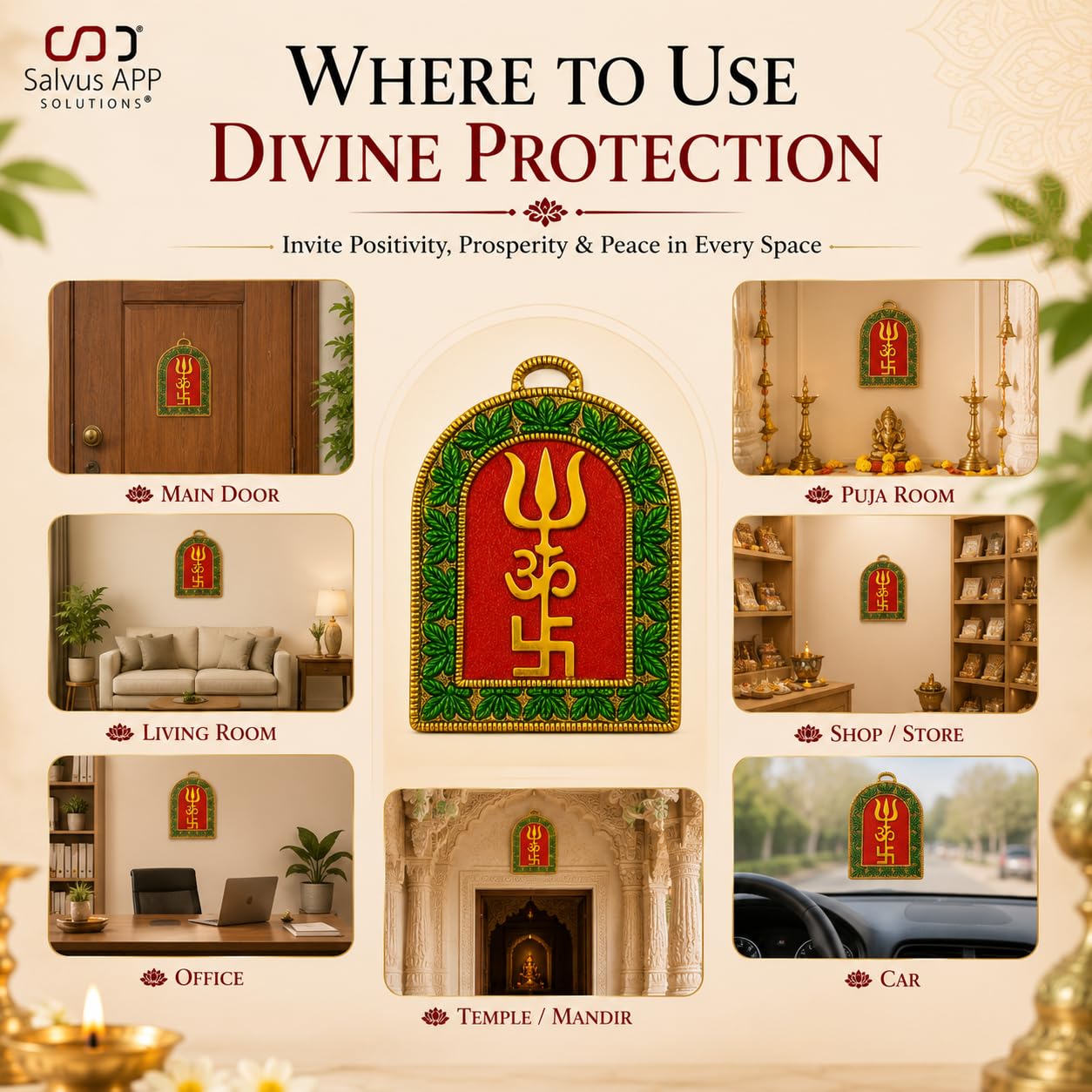 Salvus APP SOLUTIONS Om Trishul Swastik Wall Hanging, Metal Vastu Decor for Home, Office and Shop, Gold, 5.5 x 3.5 Inch 4