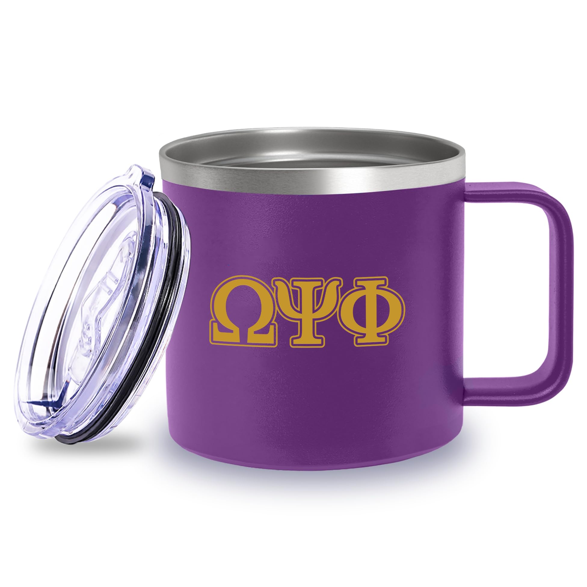 Omega Psi Phi Fraternity Paraphernalia - Official Vendor - 14 oz Insulated Coffee Mug - Hooks - Greek Letters