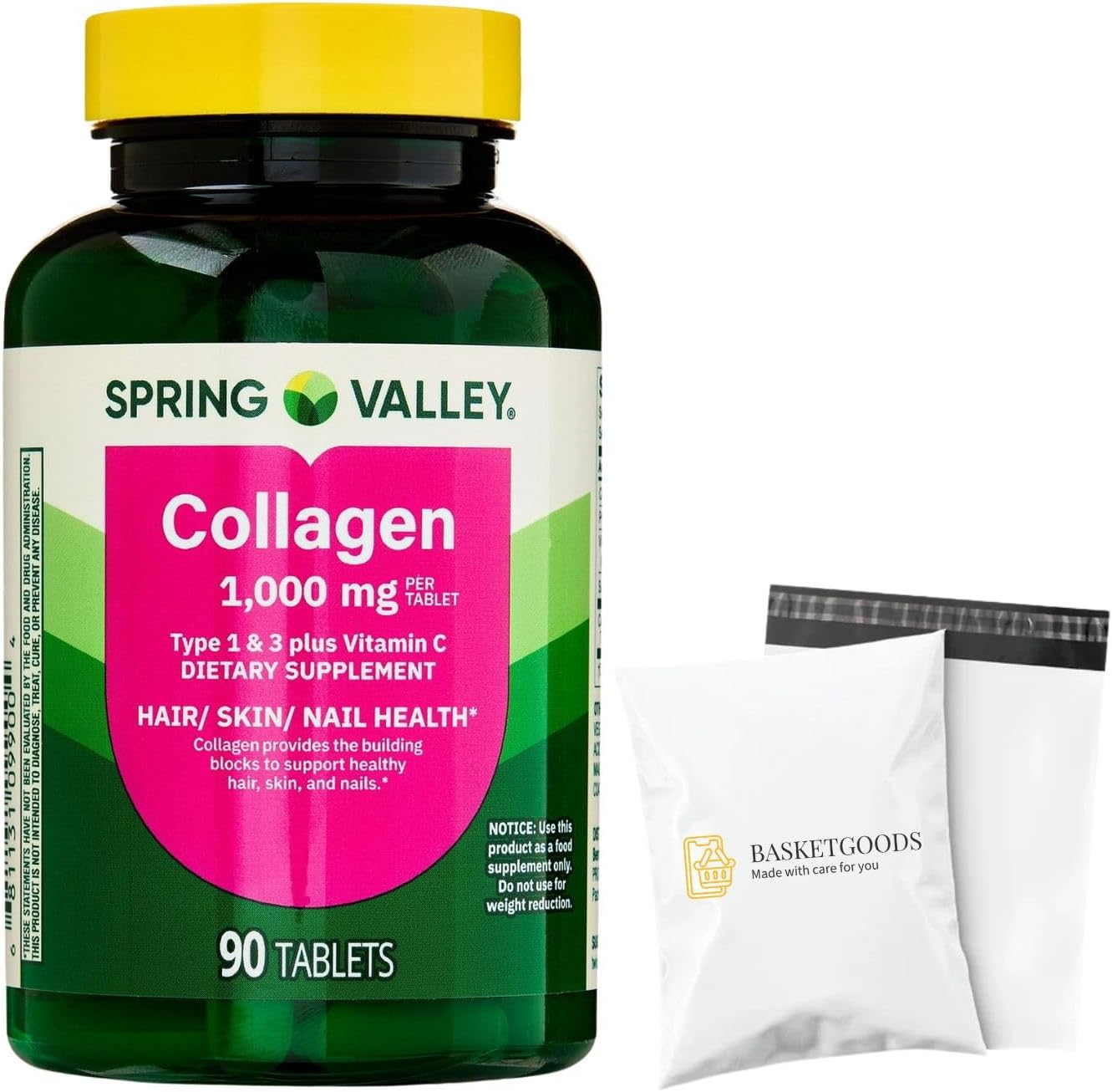 Collagen Type 1 & 3 Plus Vitamin C Hair Skin Nails Health Dietary Supplement Tablets, 1,000 mg, 90 Count by Spring Valley (Pack of 1) - Set by Basket Goods
