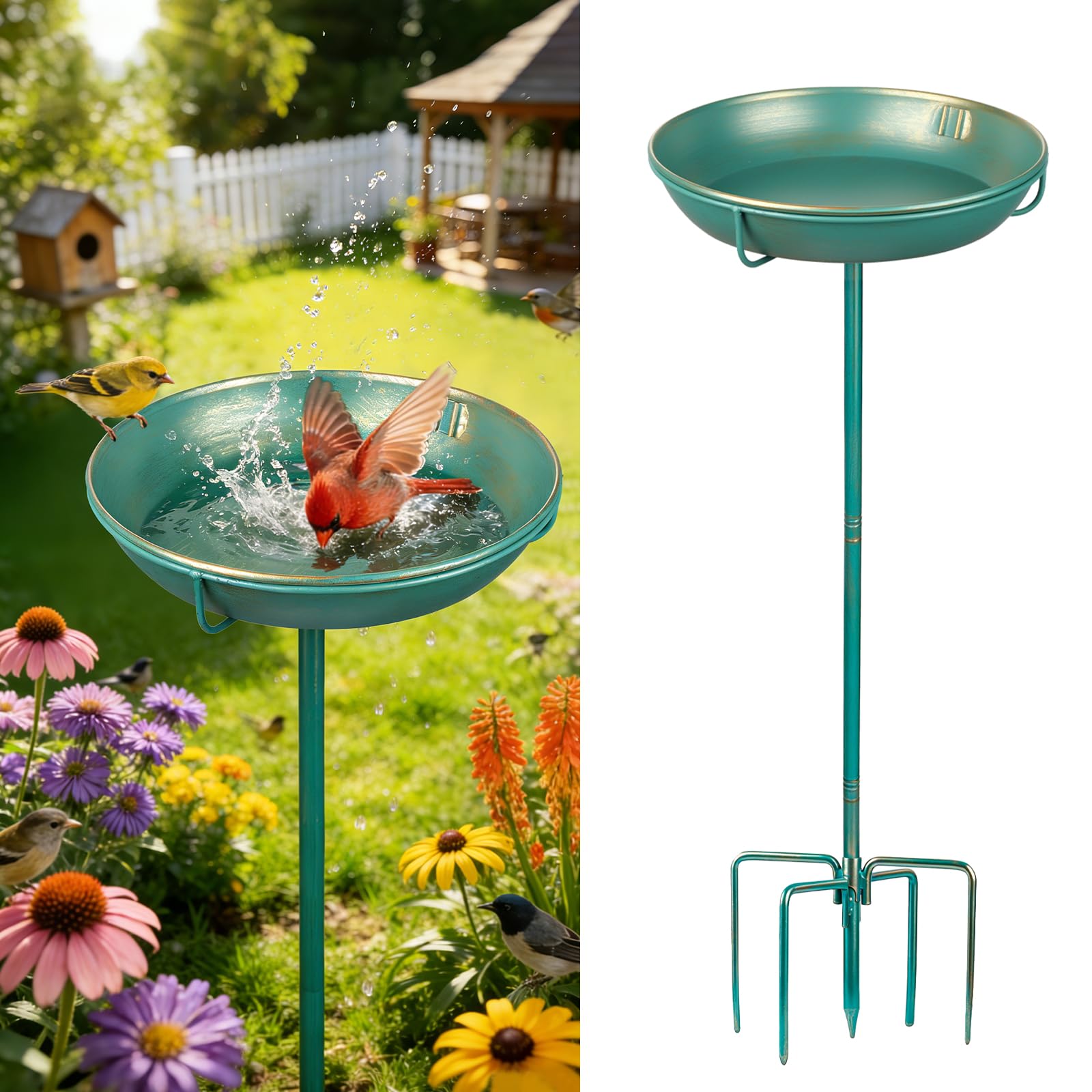 Mellbree Vogeltränke Stehend, Großes Vogelbad mit Sitzstange, Multifunktional für Garten, Metall Vogeltränke in Seeblau mit Goldverzierung – lockt zahlreiche Vogelarten an. (25cm)