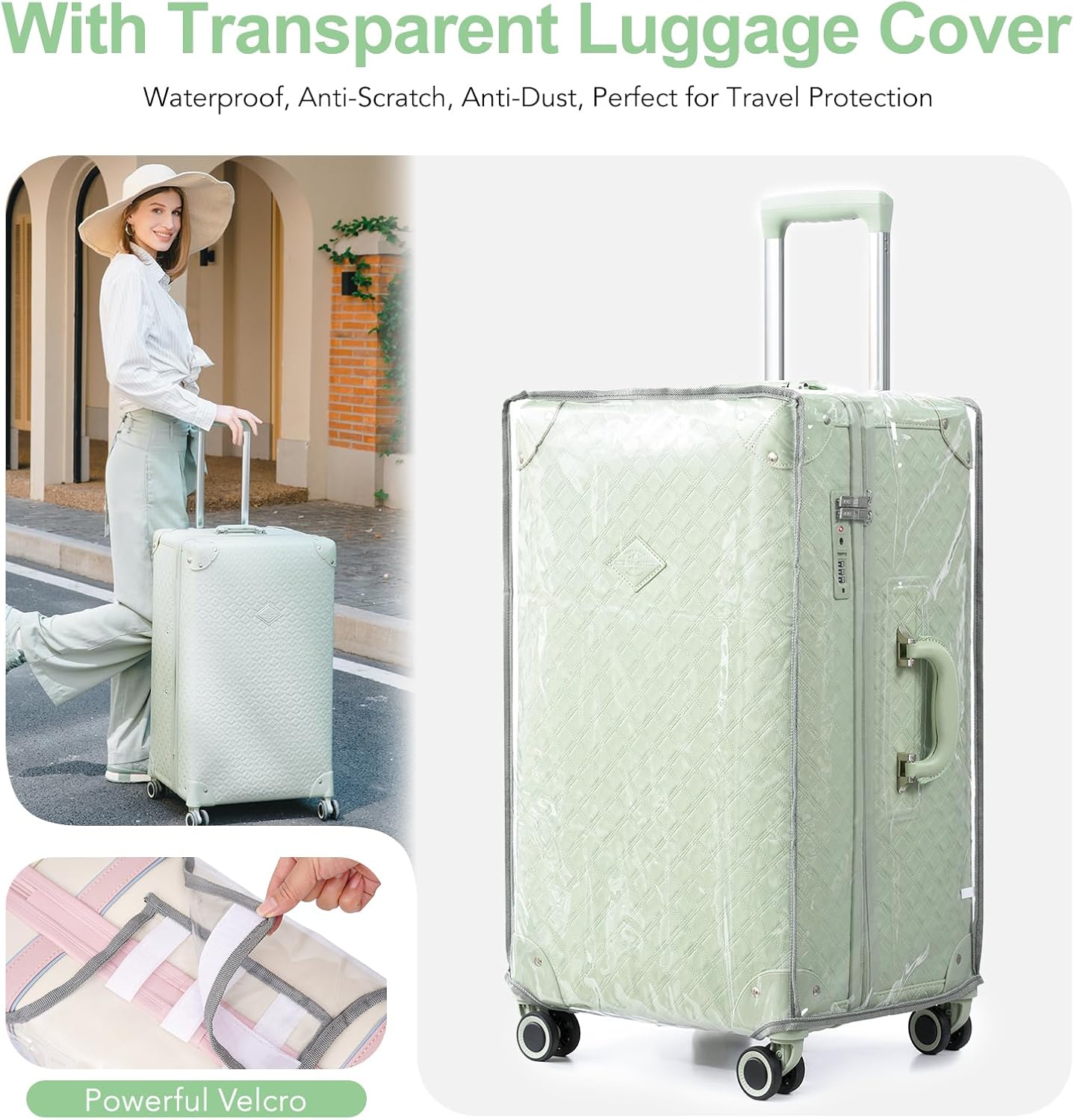 3-Piece High-Capacity Lightweight Vintage PU Leather Luggage Set (20/24/28 Carry-on & Checked), Water-Resistant PU Trunk Style, 360° Spinner Wheels (Light Green)