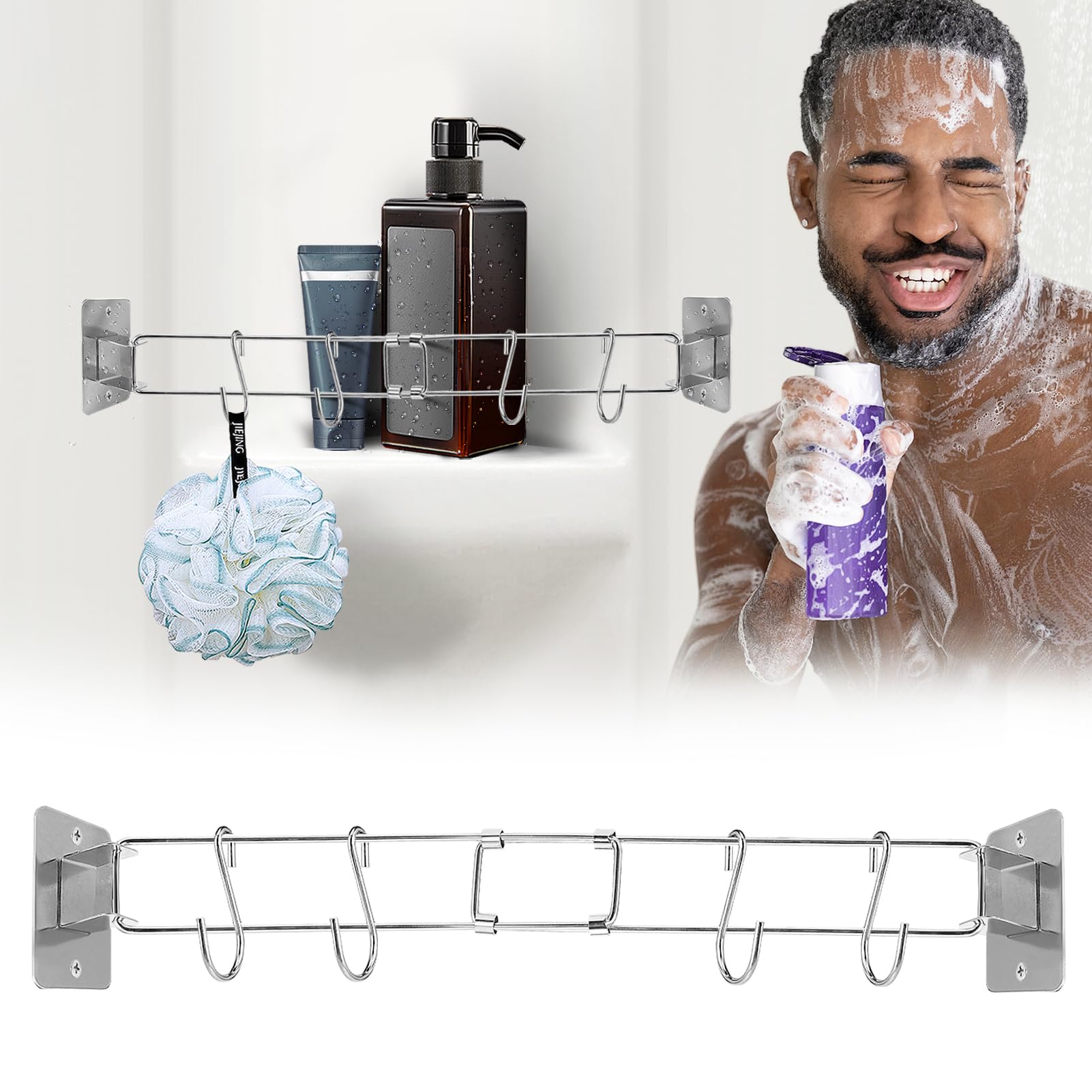 PAMASERV Shower Corner Storage Bar - 9~15in Adjustable Rust Proof Stainless Steel Bathroom Shelves with S-Hooks, Organization Rod for Camper Travel Trailer Inside Bath Accessories