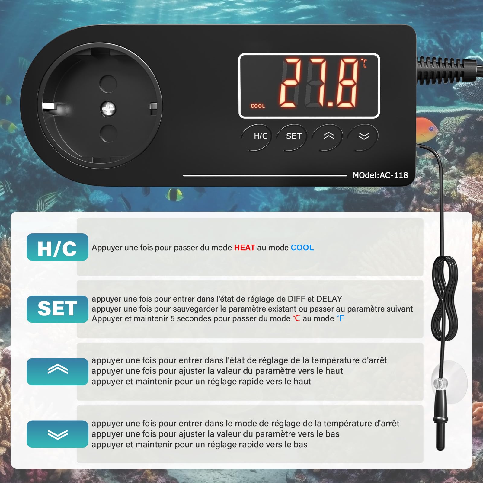 GlowUp Thermostat Terrarium 220V Prise Thermostat EU Plug Prise Thermostat avec Sonde Prise de Contrôle de Température pour Serre, Reptiles, Aquarium, Incubateur, Etc (1Pcs)