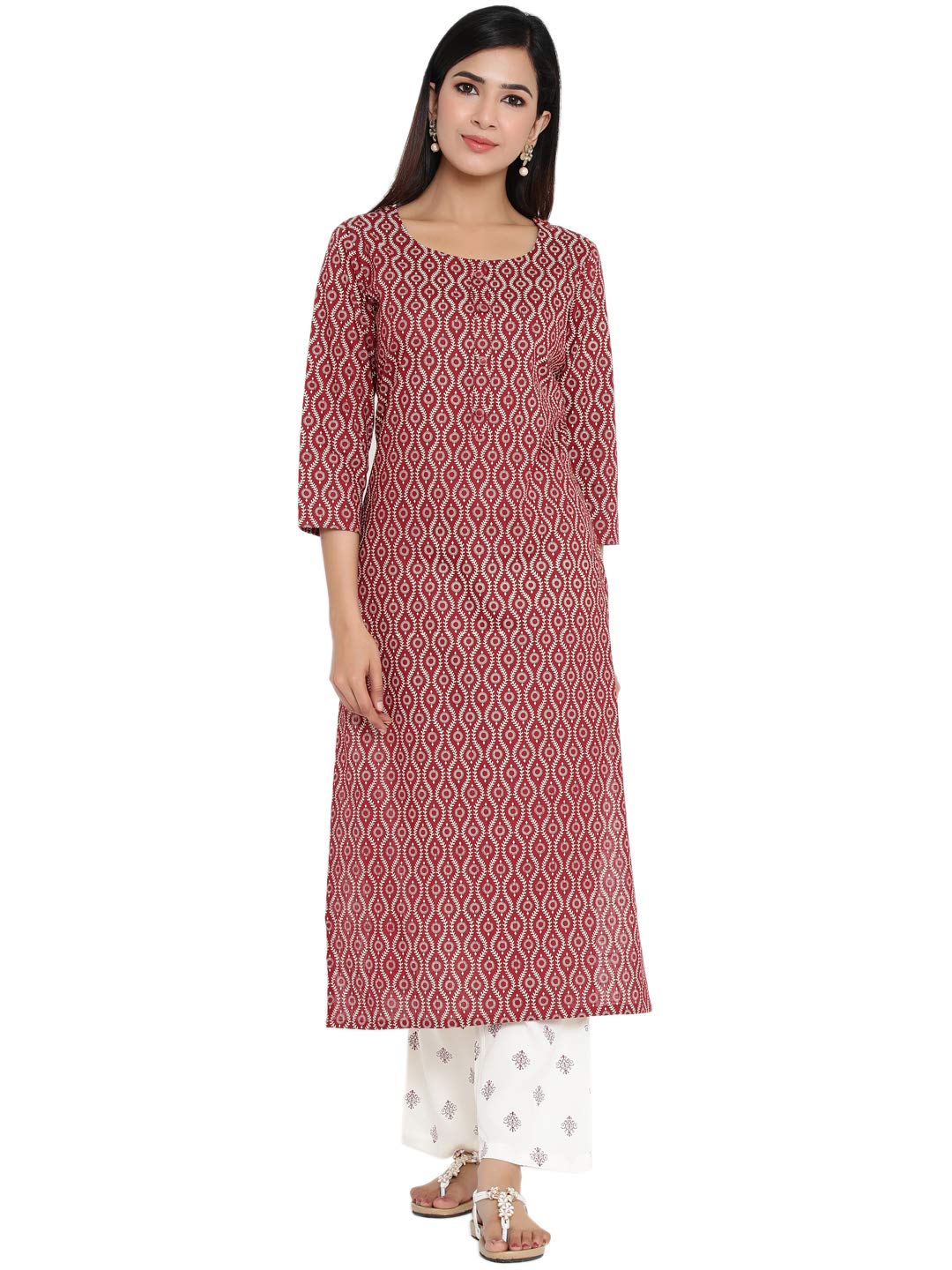 KBZWomen's Rayon Printed Straight Kurta and Plazzo Set, Maroon, S