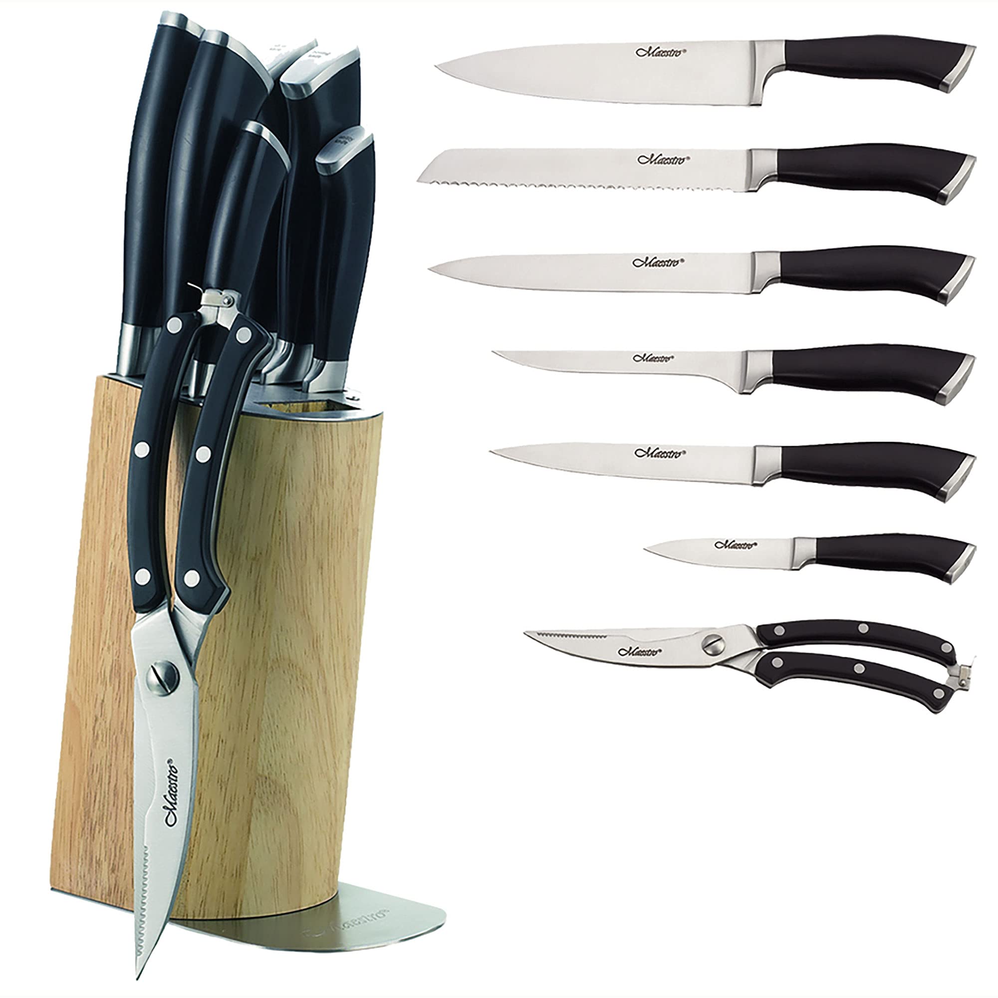 Maestro MR-1422 Blocchi Coltelli Cucina Professionale, 8 pz.,Stecca in Legno Design Moderno, 6 Lame in Acciaio Inossidabile, Maniglie Ergonomiche, Forbici