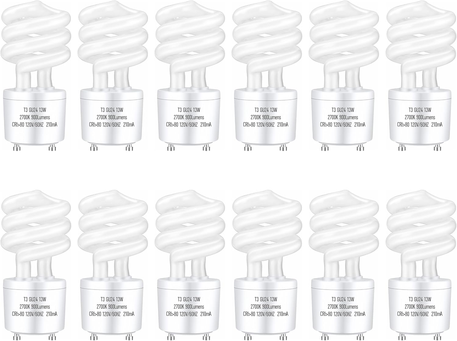 GU24 13Watt 2700K 900lm CFL Light Bulbs, T3 Spiral Gu24 Base 2 Prong (60W Equivalent) Soft White Compact Fluorescent Light Bulbs, UL Approved, 120v 60Hz, Self Ballasted, Indoor Use (2 Pack)