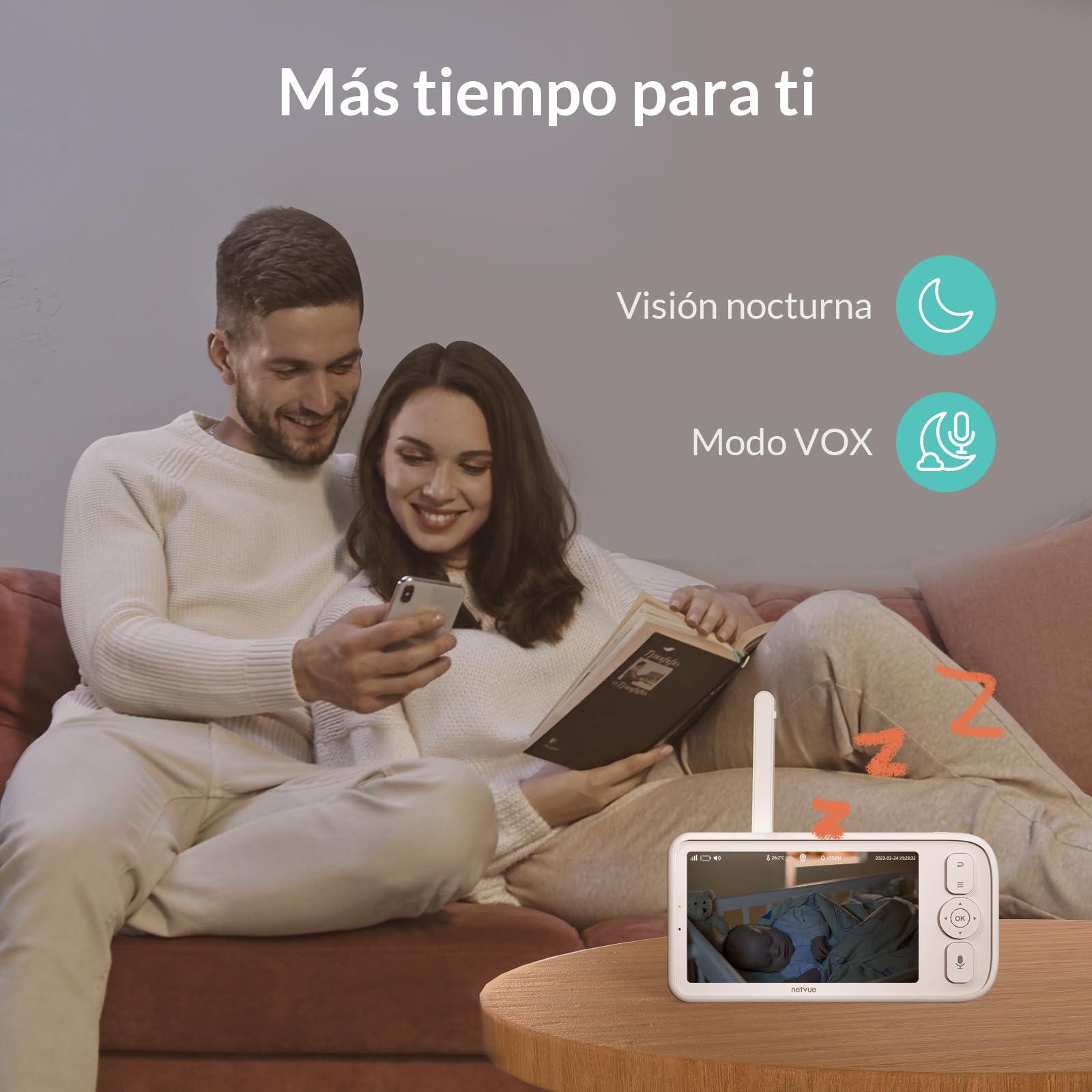 NETVUE Camara Vigilancia Bebe con Soporte 4 en 1, Inalámbrico 5000mAh 5" Vigilabebes con Camara, Baby Monitor con App, Visión Nocturna, Audio Bidireccional, VOX, Detección de llanto, sin WiFi