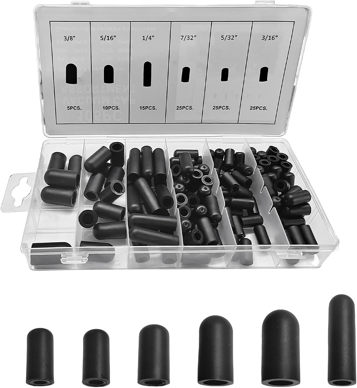 Sun Walker 105 PCS Vacuum Cap Assortment Kit, 6 Sizes Rubber Vacuum Caps Kit from 5/32" to 3/8" with Storage Case, Automotive Assorted Hose End Cap Replacement for Carburetor Manifold