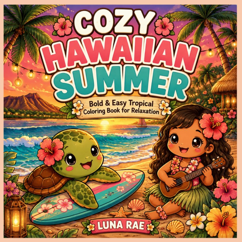 Cozy Hawaiian Summer Bold & Easy Tropical Coloring Book for Relaxation: Cute Island Beaches, Surfing Waves, Sea Turtles, Luaus, Volcanoes, Waterfalls ... Tropical Vibes (Sunny & Cozy Coloring Books)