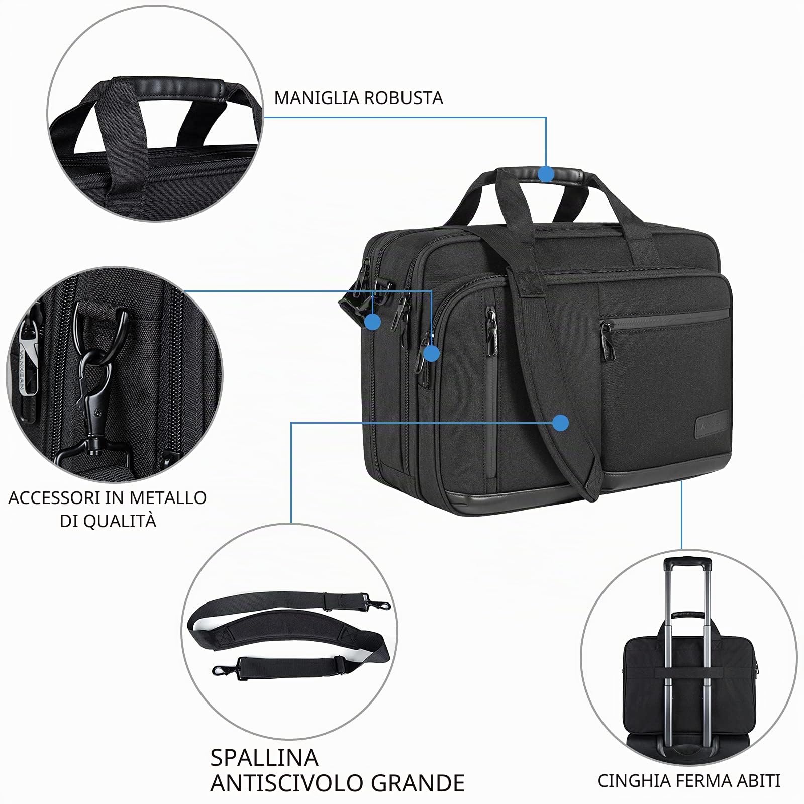 VANKEAN Borsa per Laptop per Uomo Donna, Borsa per Laptop da 17,3 Pollici Borsa a Tracolla Espandibile e Idrorepellente, Borsa per Computer con Tasche RFID per Viaggio/Affari/Scuola, Nero