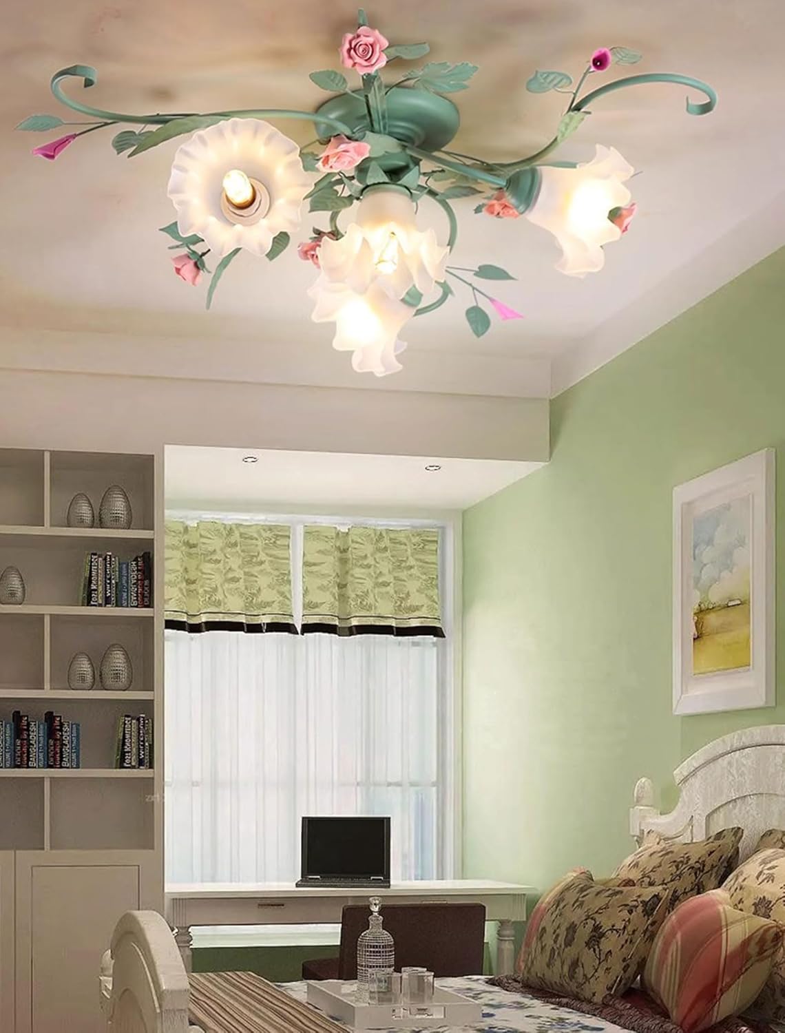 4-Light Pastoral Floral Ceiling Lights Pink Rose Green Leaf Flush Mount Ceiling Lamp Glass Shade Ceiling Lighting Fixture for Kitchen Island Bedroom Living Room Cafe Bar