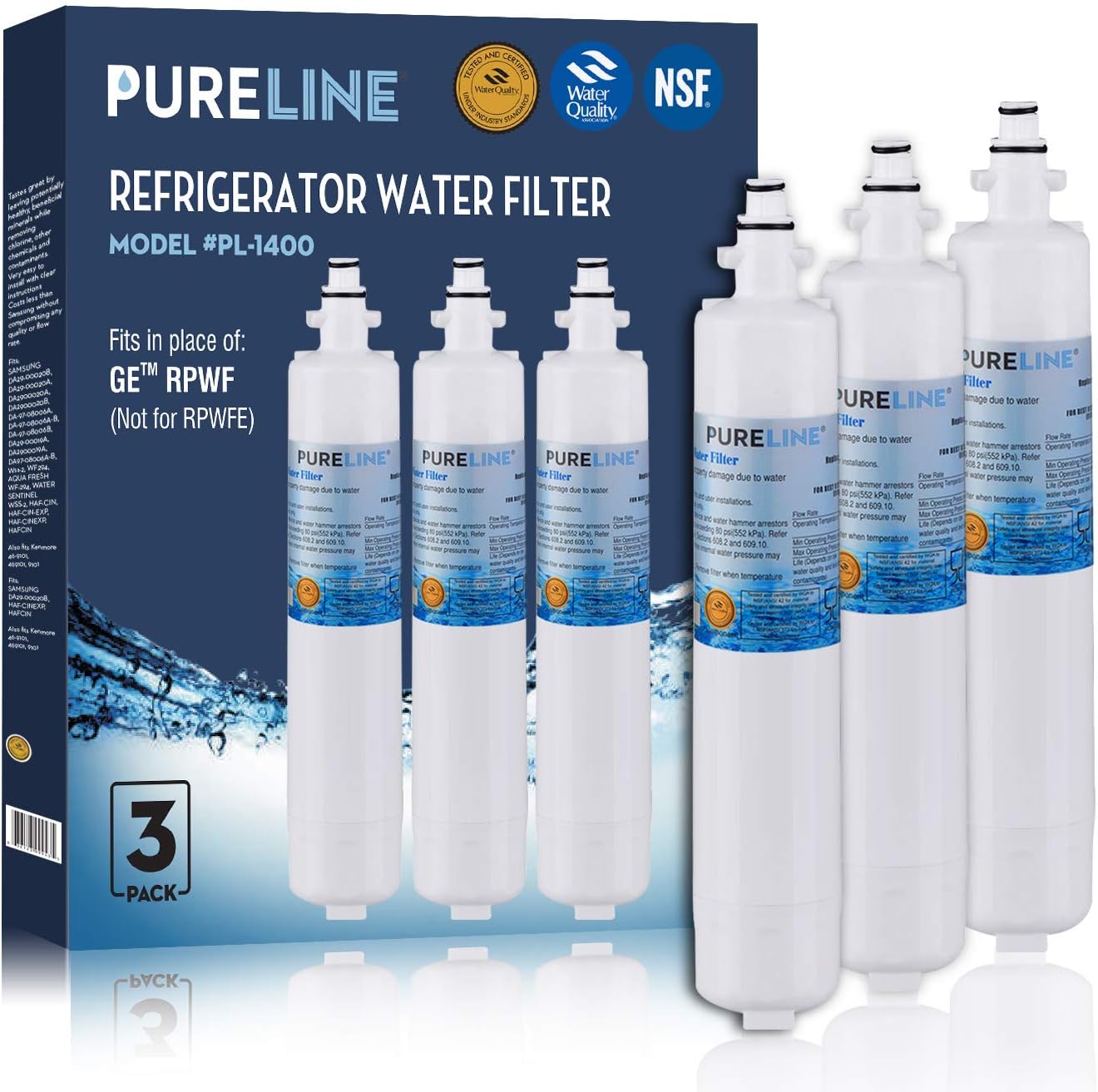 Pureline RPWF (Not RPWFE) Refrigerator Water Filter Replacement with Advanced Filtration. Designed to Exact Fit as OEM for GE RPWF (Not Compatible With RPWFE) - By PURELINE (3 Pack)