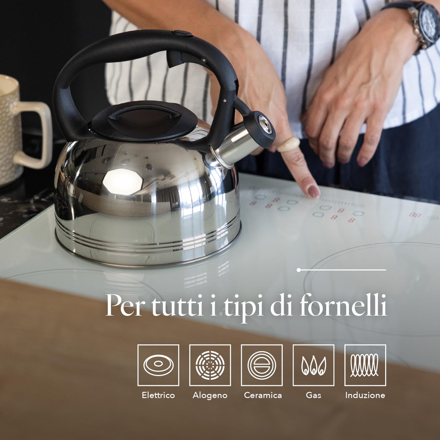 FLORINA Bollitore Acqua (1,9 l) I Bollitore per Tè in Acciaio Inox ANTER I Bollitore con Fischio Automatico I Manico in Bakelite I Teiera Induzione I Adatto a Tutti i Tipi di Fornello I Argento