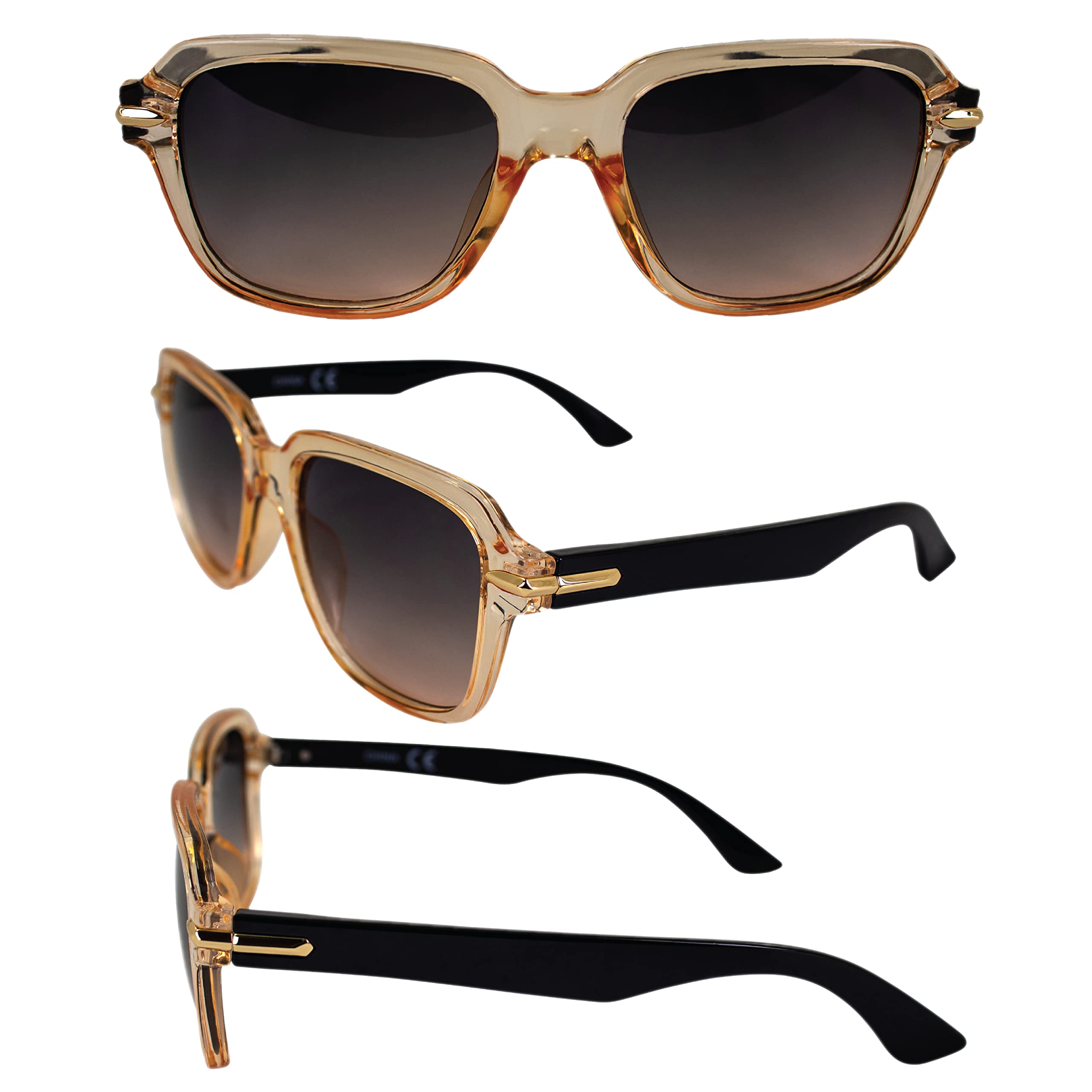 AlterImage Sunset Fashion Retro Sunglasses for Women 3 Pair Clear Black & Tortoise Frames w/Stylish Metal Accents & Gradient Brown & Smoke Lenses