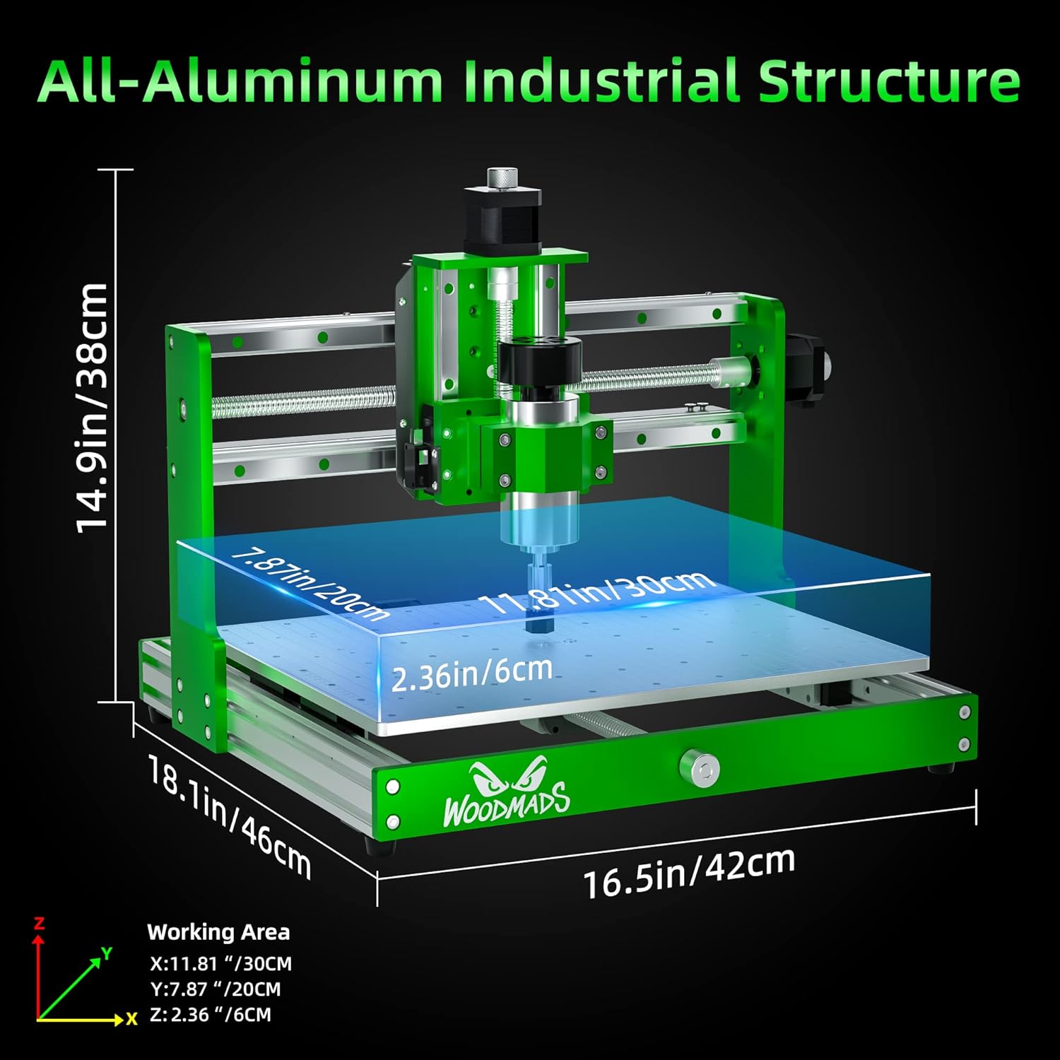 Diagram showing the dimensions of the FoxAlien WM-3020 CNC machine, highlighting its all-aluminum industrial structure and working area.
