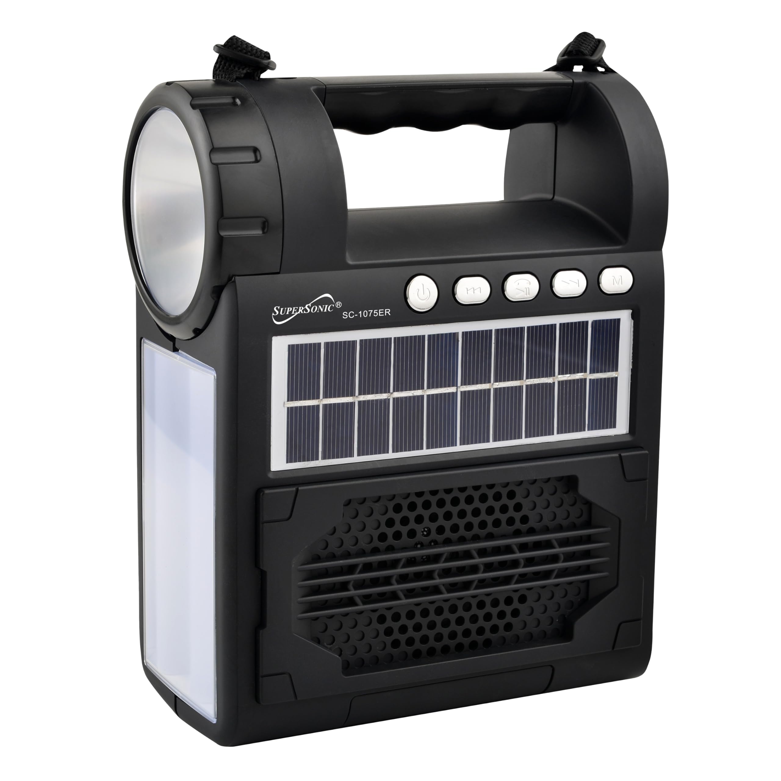 Supersonic SC-1075ER Solar Power Bluetooth Speaker with FM Radio, Flashlight & Lantern, 360° Antenna, Flashlight, Lantern, USB/SD/3.5mm AUX Input, Rechargeable Battery and Solar Panel