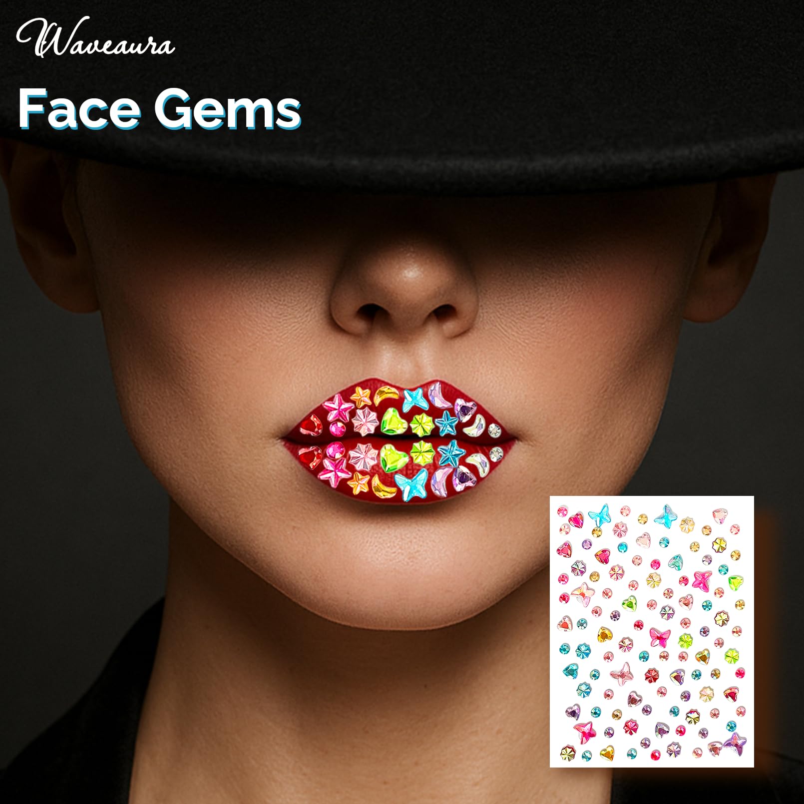 Waveaura Face Gems 4 Sheets Glitter Temporary Tattoos Stickers Mixed Shape Heart Star Crescent Butterfly Umbrella Colorful & Crystal Festival Rave Accessories Jewels for Women Party Body Nail Art DIY - Image 3