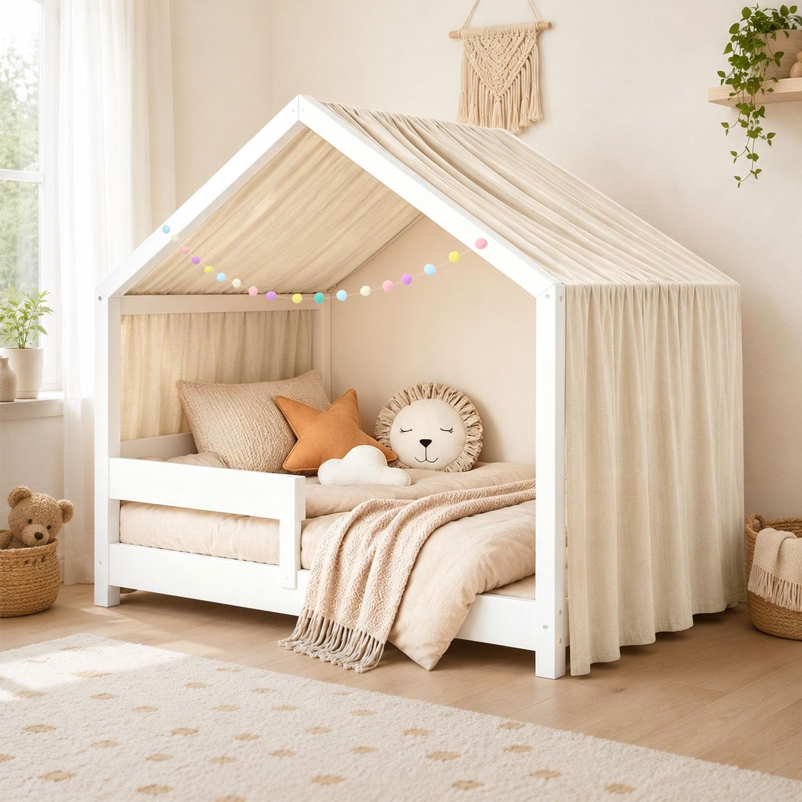 Baldaquin Lit Enfant Maison – 100% Coton, Betthimmel Maison, Voilage Lit Cabane Chambre Enfant, Décoration Baldachin Chambre Fille Garçon, Ruban Décoratif 5 m, 135 x 360 cm (Gris Abricot)