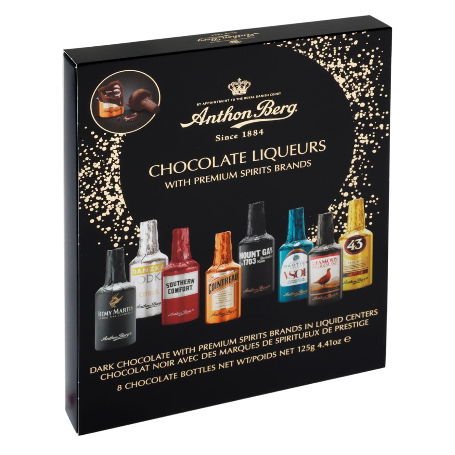 Anthon Berg Spirituosen-Schokoladenfläschchen – 187 g – 12 Pralinen mit feinen Likören & Spirituosen – Zartbitterschokolade mit flüssigem Alkohol – Geschenkidee für Erwachsene