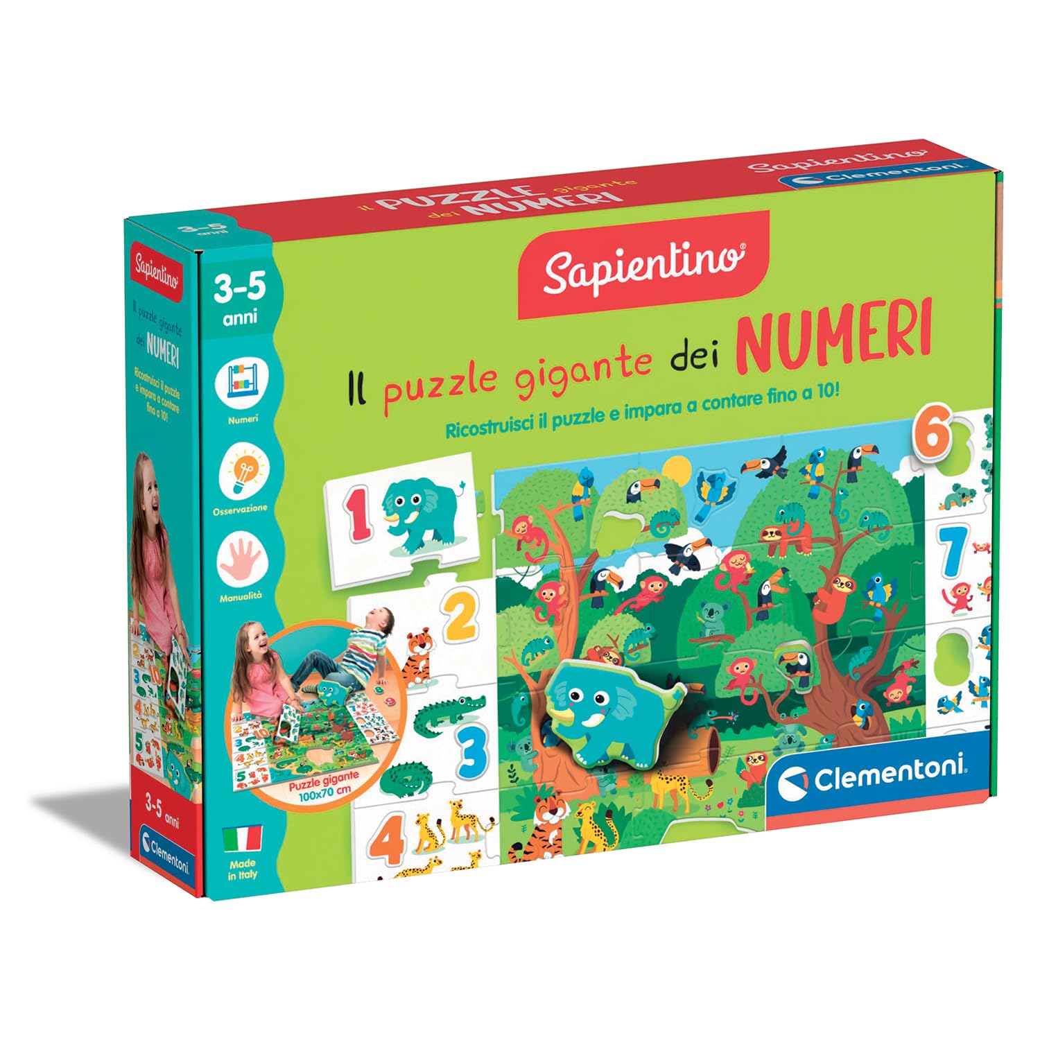 Clementoni Sapientino - Il Puzzle Gigante dei Numeri, Gioco Educativo Bambini 3-5 Anni, Puzzle 100x70 cm con Tessere per Imparare a Contare, Made in Italy, Lingua Italiana, 16875