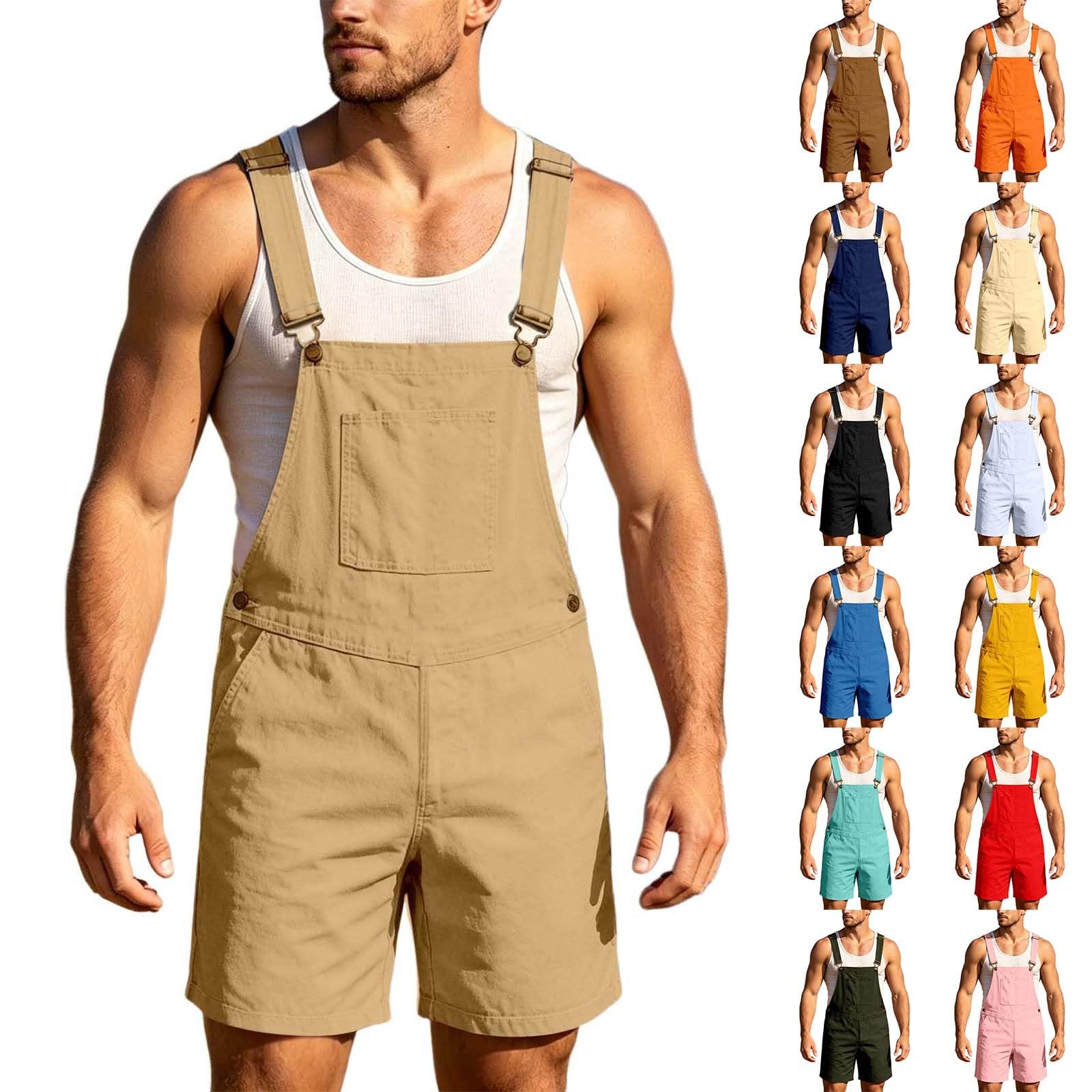 Peto para hombre, mono cargo chino, pantalones cortos de trabajo, corte holgado, ropa de calle, retro, pantalones cortos de verano, bolsillos, mono corto para hombre