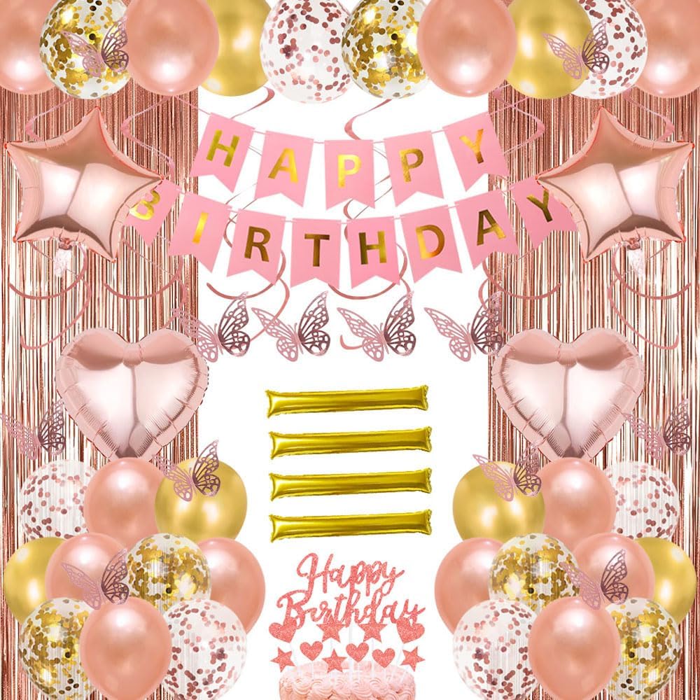 Rose Gold and Gold Birthday Decorations,Happy Birthday Banner,Rose Gold Fringe Curtain,Cake Topper,Butterfly,Hanging Swirls,balloons kit,Cheering Sticks,Women and Girls party decorations supplies