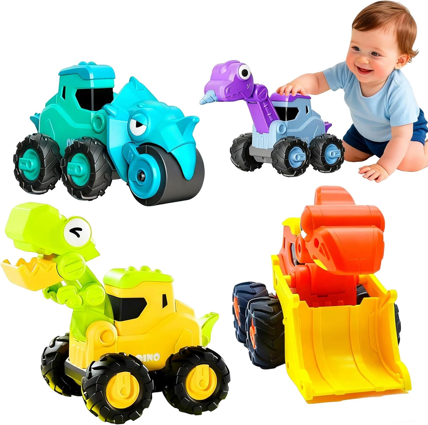 Snugzy Press to Go Car Toys for Toddler 1-3,4 PCS Push Go Dinosaur Racing Car Set,Infant Playing Vehicle for 12-18 Months Birthday Christmas Easter Gift for Boys Girls