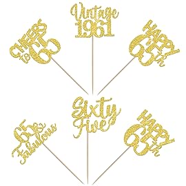 30PCS Happy 65th Birthday Cupcake Toppers Glitter Sixty Five 65 Fabulous Vintage 1961 Cupcake Picks Cheers to 65 Years for 65th Birthday Anniversary Party Cake Decorations Supplies Gold