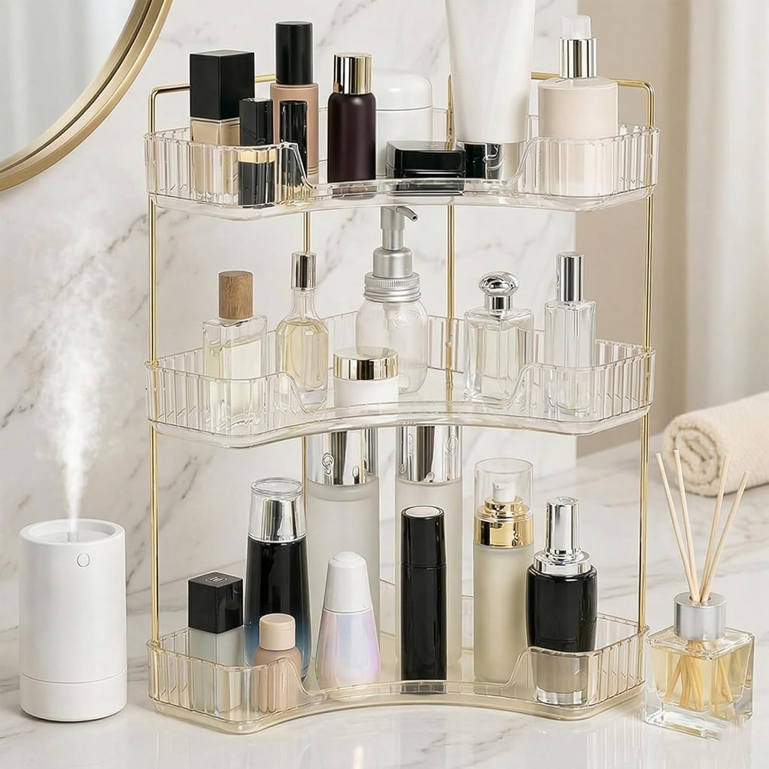 Multi-Tier Corner Countertop Organizer Rack, 90° Space-Saving Bathroom Makeup Organizer Countertop, Tool Free Acrylic Storage Rack for Bathroom, Vanity, Dresser, Makeup, Cosmetics (White-3-tier)